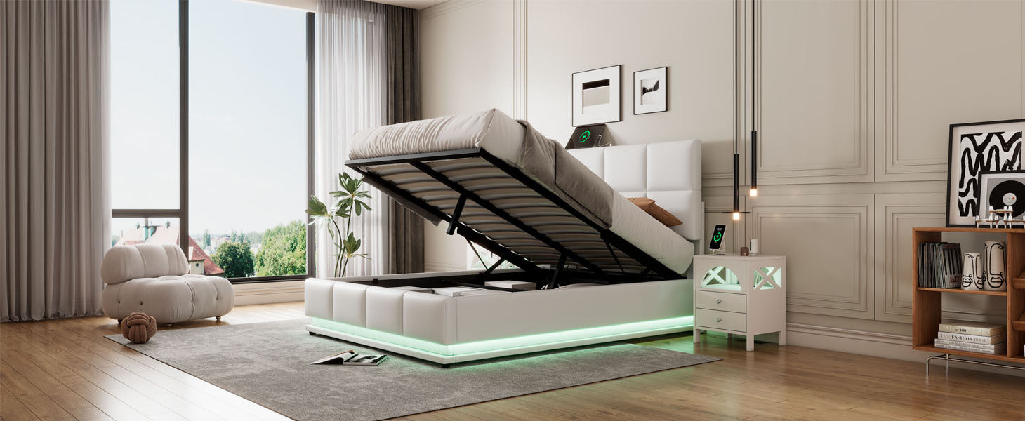 Full Size Tufted Upholstered Platform Bed With Hydraulic Storage System,Pu Storage Bed With Led Lights And Usb Charger, White White Pu