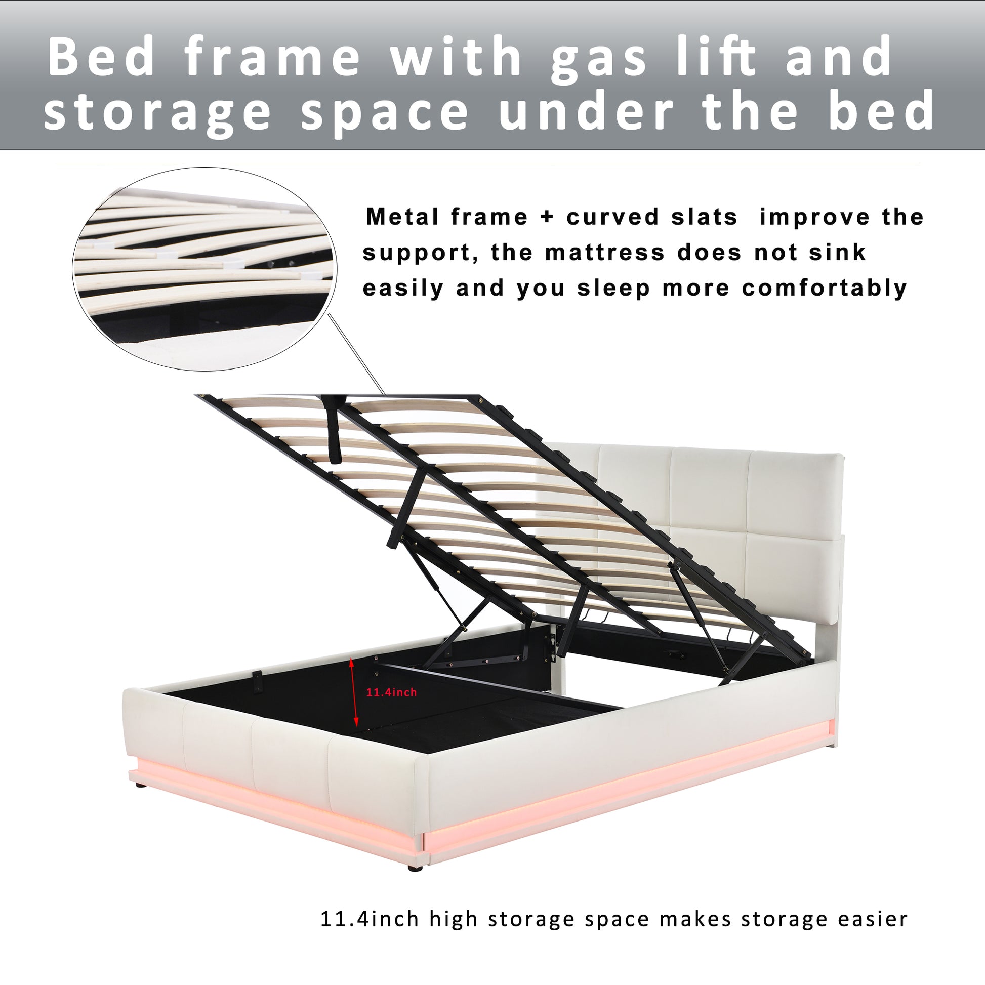 Full Size Tufted Upholstered Platform Bed With Hydraulic Storage System,Pu Storage Bed With Led Lights And Usb Charger, White White Pu