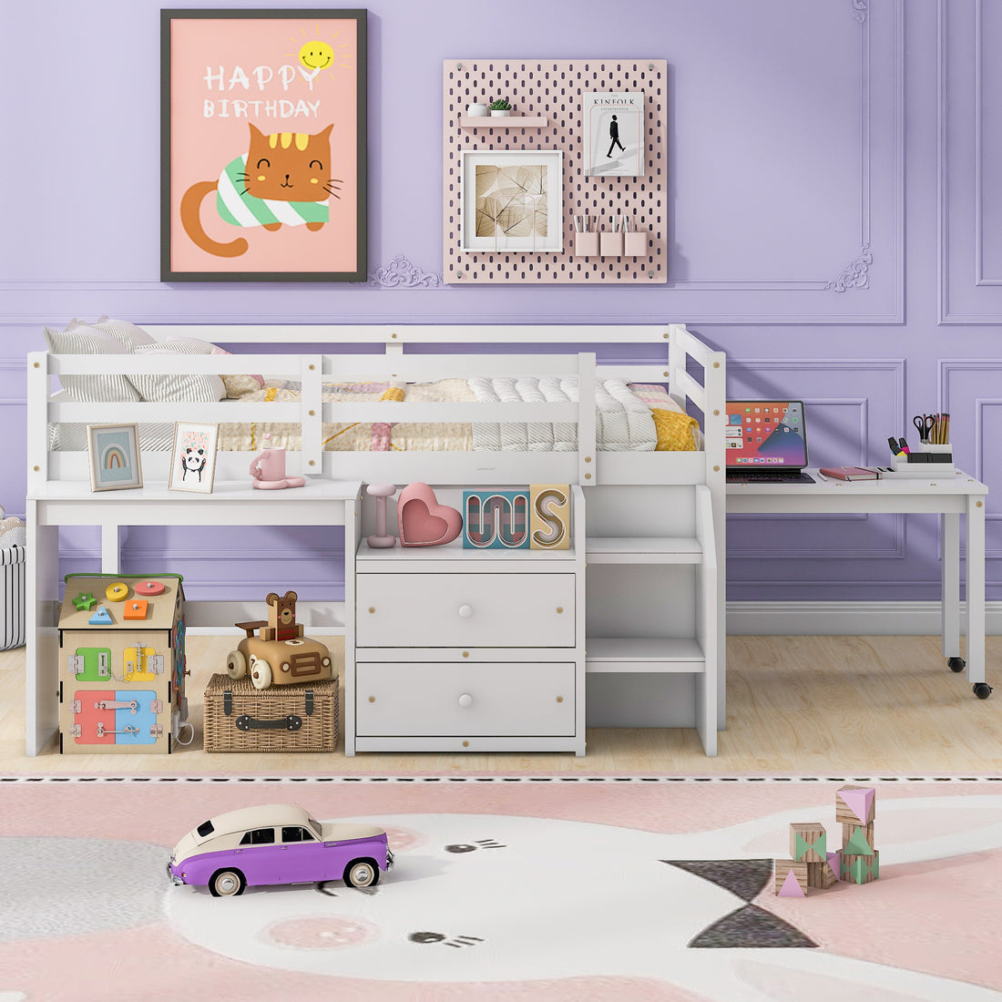 Full Size Loft Bed With Desk And Drawers, Wooden Loft Bed With Lateral Portable Desk, White White Solid Wood Mdf