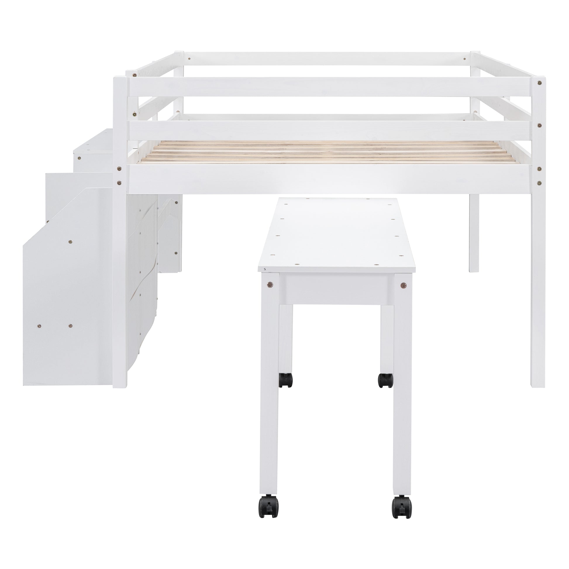 Full Size Loft Bed With Desk And Drawers, Wooden Loft Bed With Lateral Portable Desk, White White Solid Wood Mdf