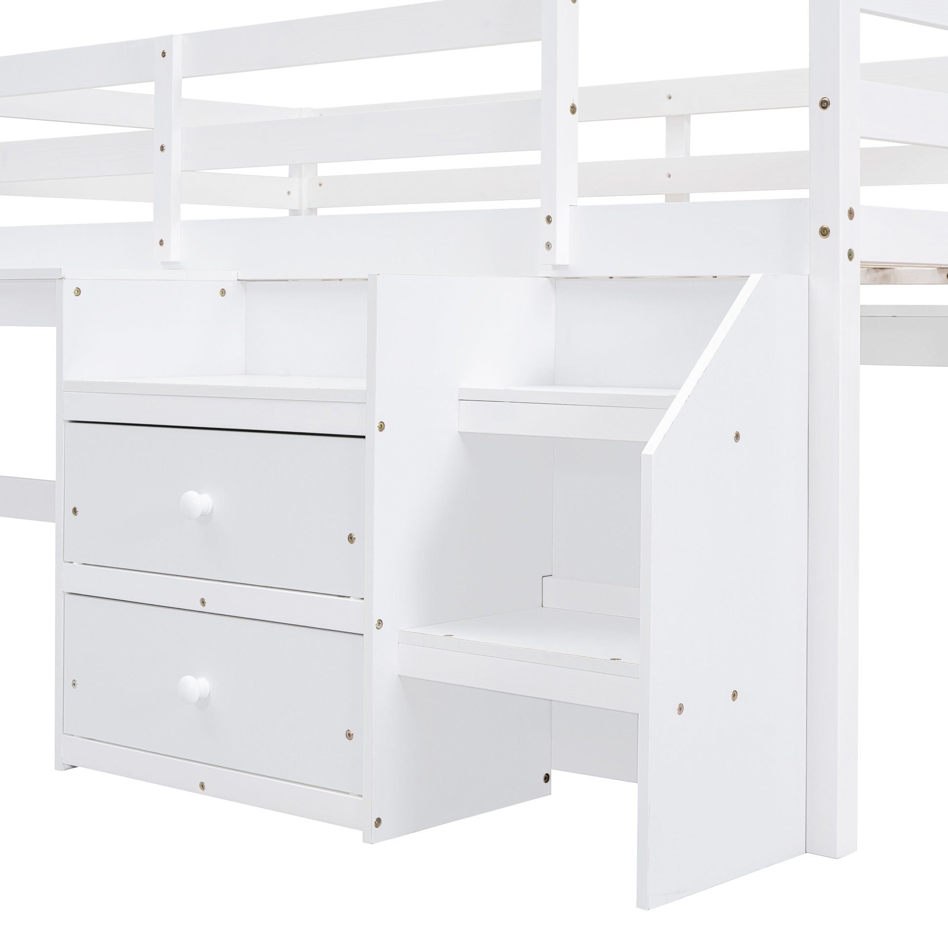 Twin Size Loft Bed With Desk And Drawers, Wooden Loft Bed With Lateral Portable Desk, White White Solid Wood Mdf