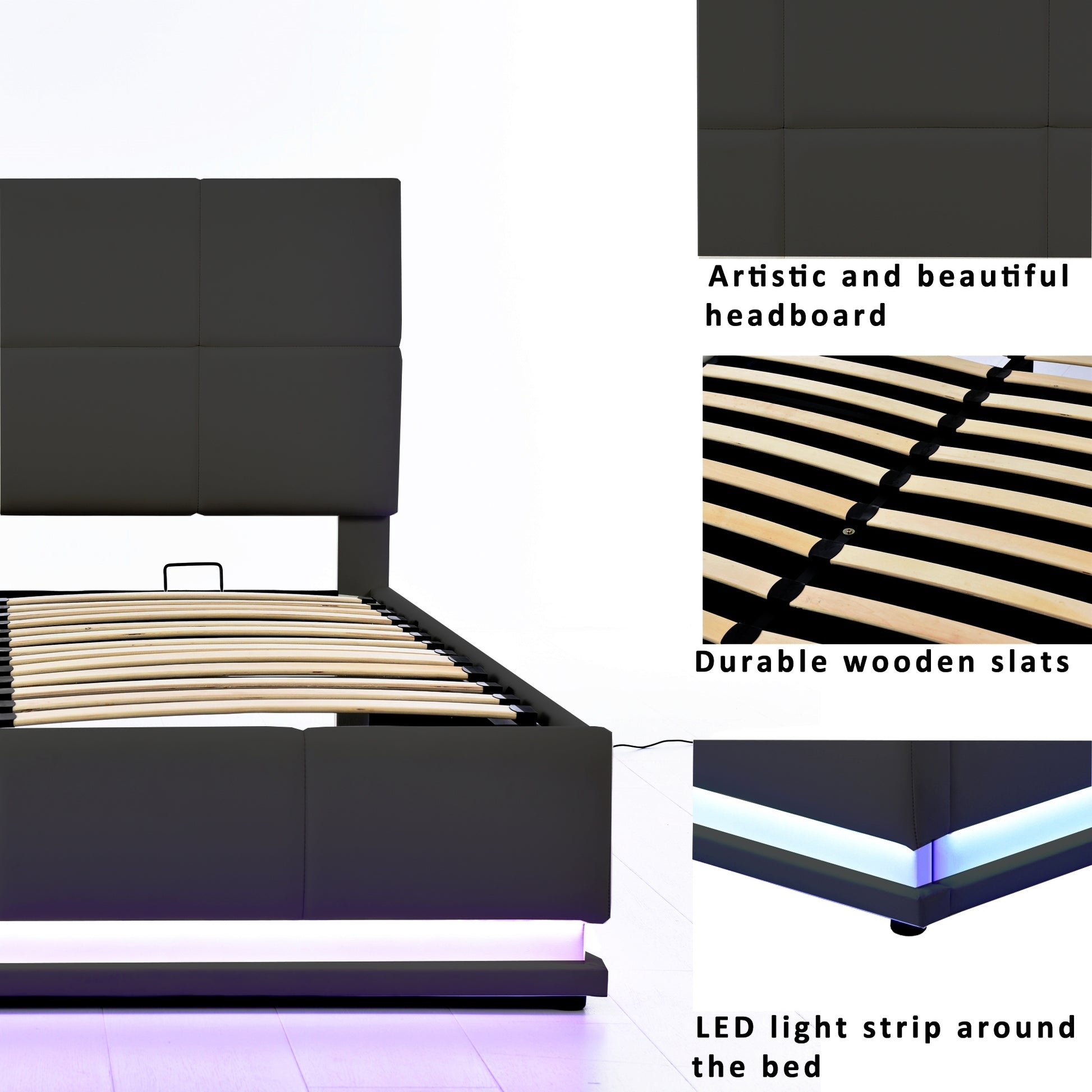 Full Size Tufted Upholstered Platform Bed With Hydraulic Storage System,Pu Storage Bed With Led Lights And Usb Charger, Black Black Pu