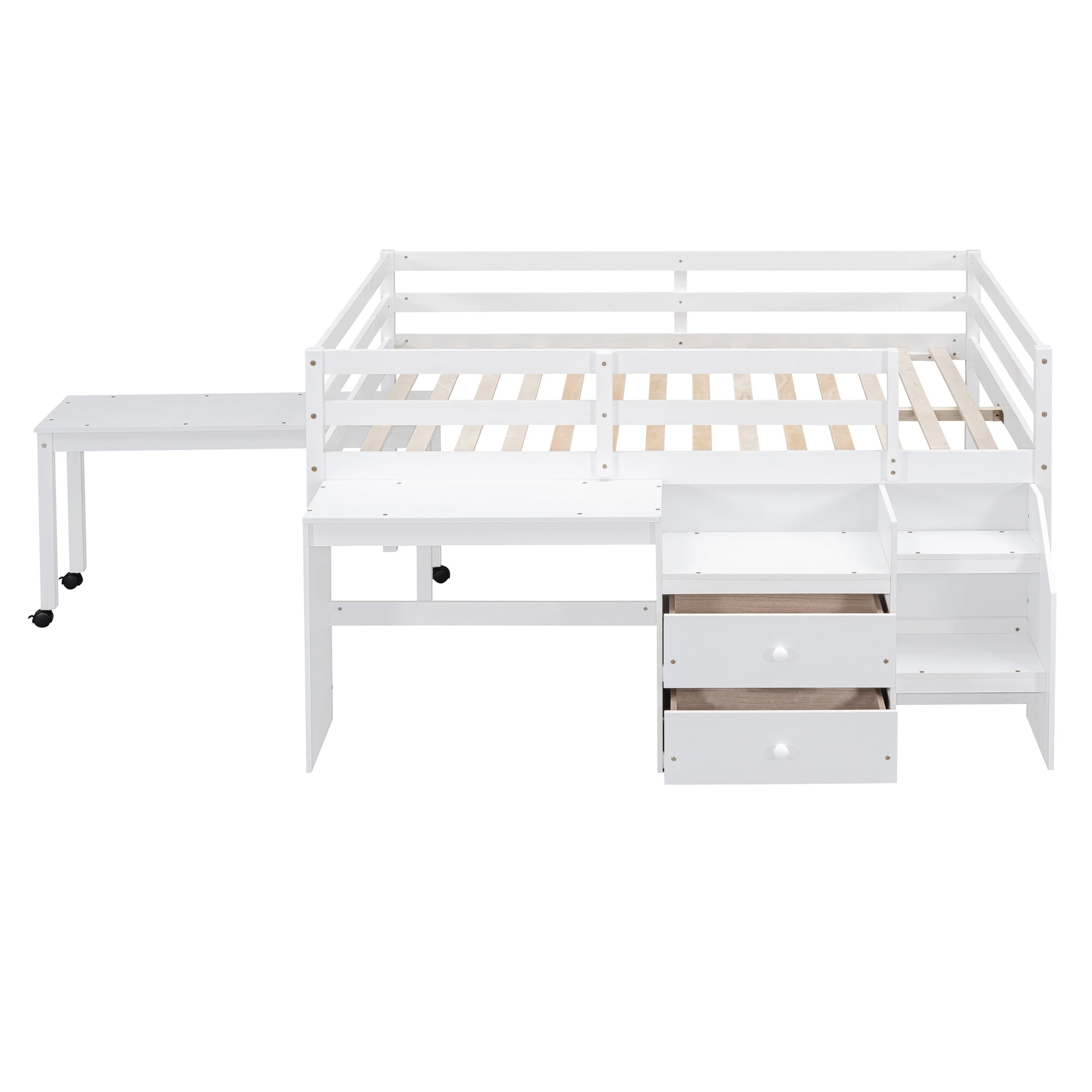 Full Size Loft Bed With Desk And Drawers, Wooden Loft Bed With Lateral Portable Desk, White White Solid Wood Mdf