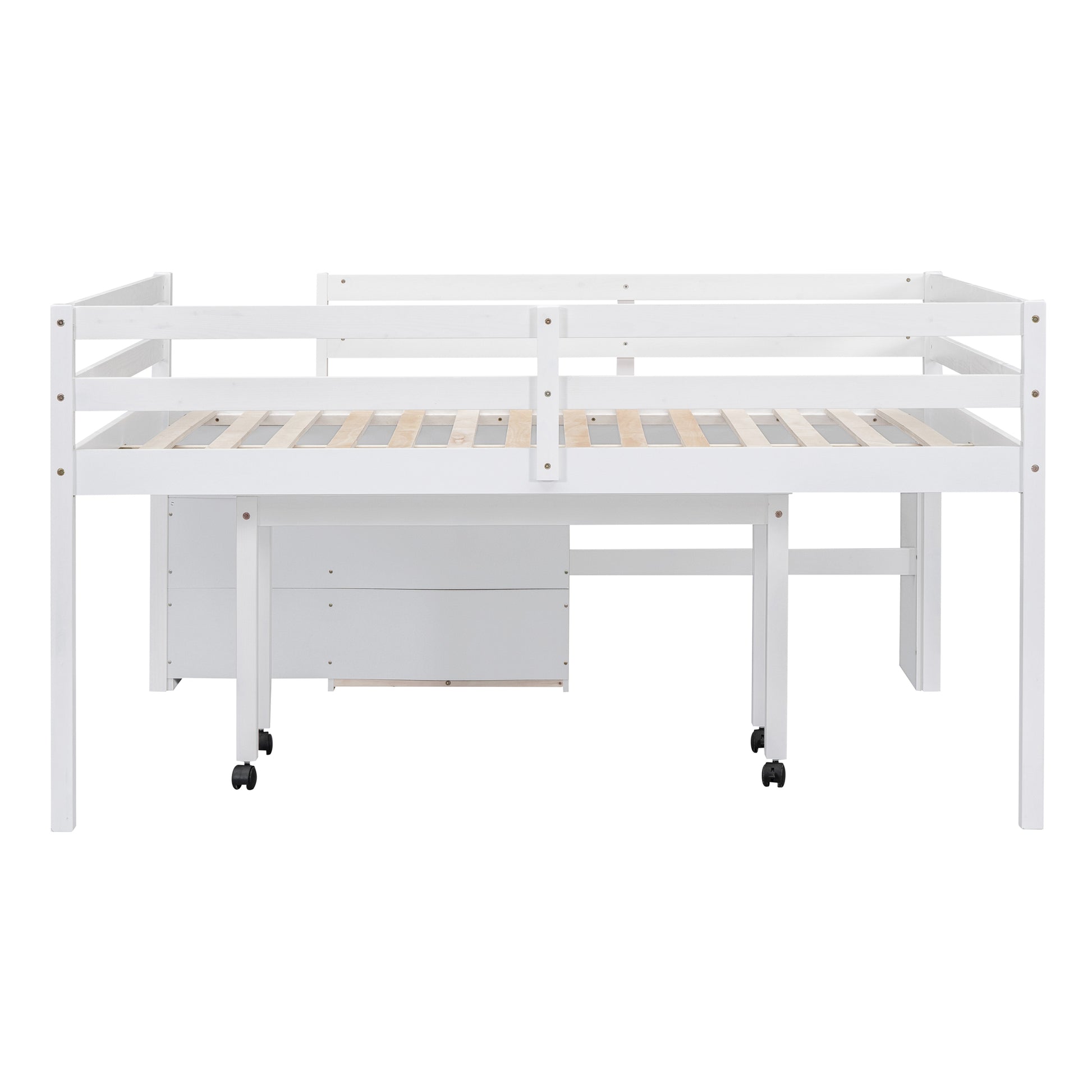 Full Size Loft Bed With Desk And Drawers, Wooden Loft Bed With Lateral Portable Desk, White White Solid Wood Mdf