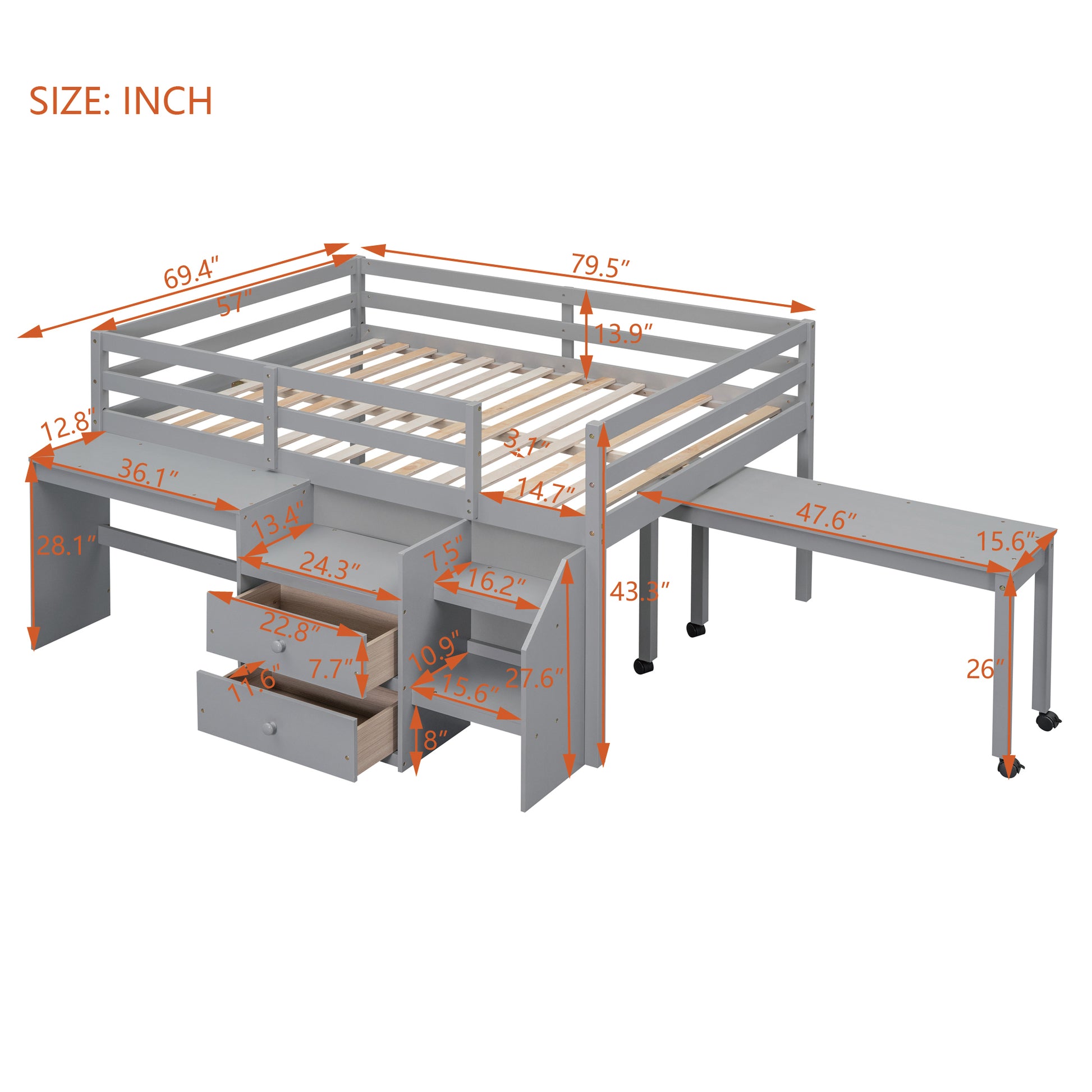 Full Size Loft Bed With Desk And Drawers, Wooden Loft Bed With Lateral Portable Desk, Gray Gray Solid Wood Mdf