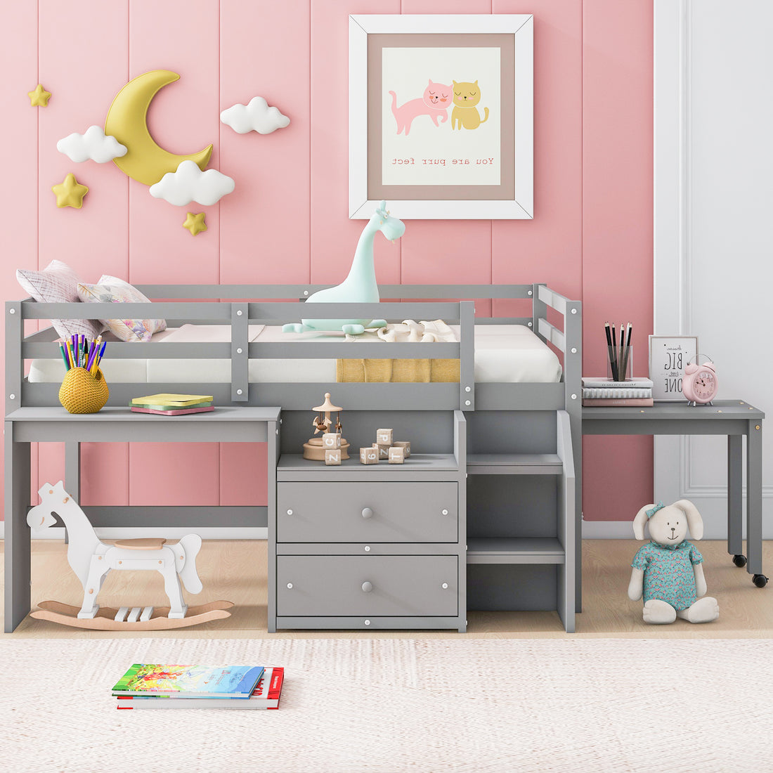 Full Size Loft Bed With Desk And Drawers, Wooden Loft Bed With Lateral Portable Desk, Gray Gray Solid Wood Mdf