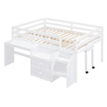 Full Size Loft Bed With Desk And Drawers, Wooden Loft Bed With Lateral Portable Desk, White White Solid Wood Mdf