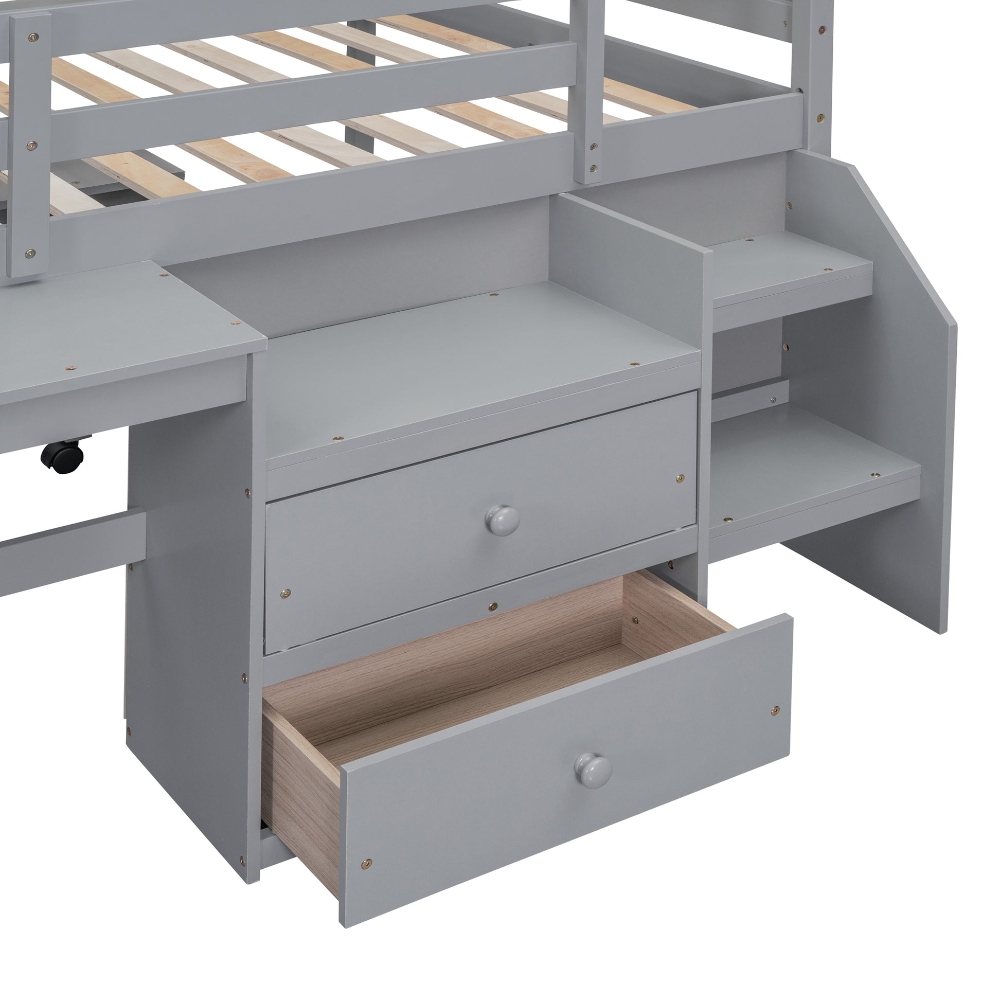 Full Size Loft Bed With Desk And Drawers, Wooden Loft Bed With Lateral Portable Desk, Gray Gray Solid Wood Mdf