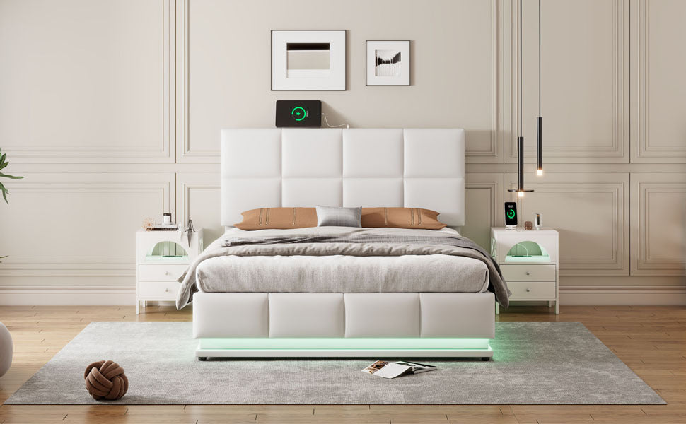 Full Size Tufted Upholstered Platform Bed With Hydraulic Storage System,Pu Storage Bed With Led Lights And Usb Charger, White White Pu