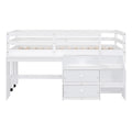 Twin Size Loft Bed With Desk And Drawers, Wooden Loft Bed With Lateral Portable Desk, White White Solid Wood Mdf