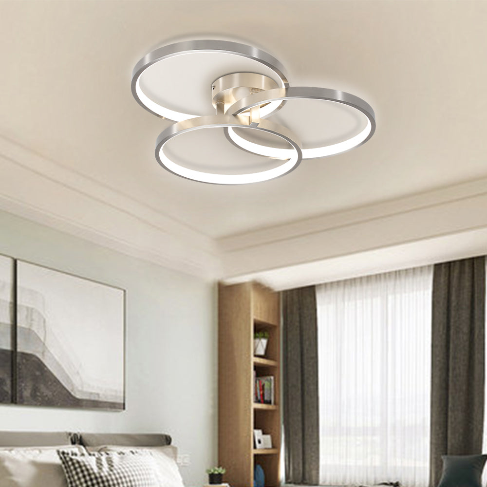 Three Ring Design, Contemporary Semi Flush Mount With Inner Ring Illumination Ceiling Lamp Chrome Modern Aluminium Iron