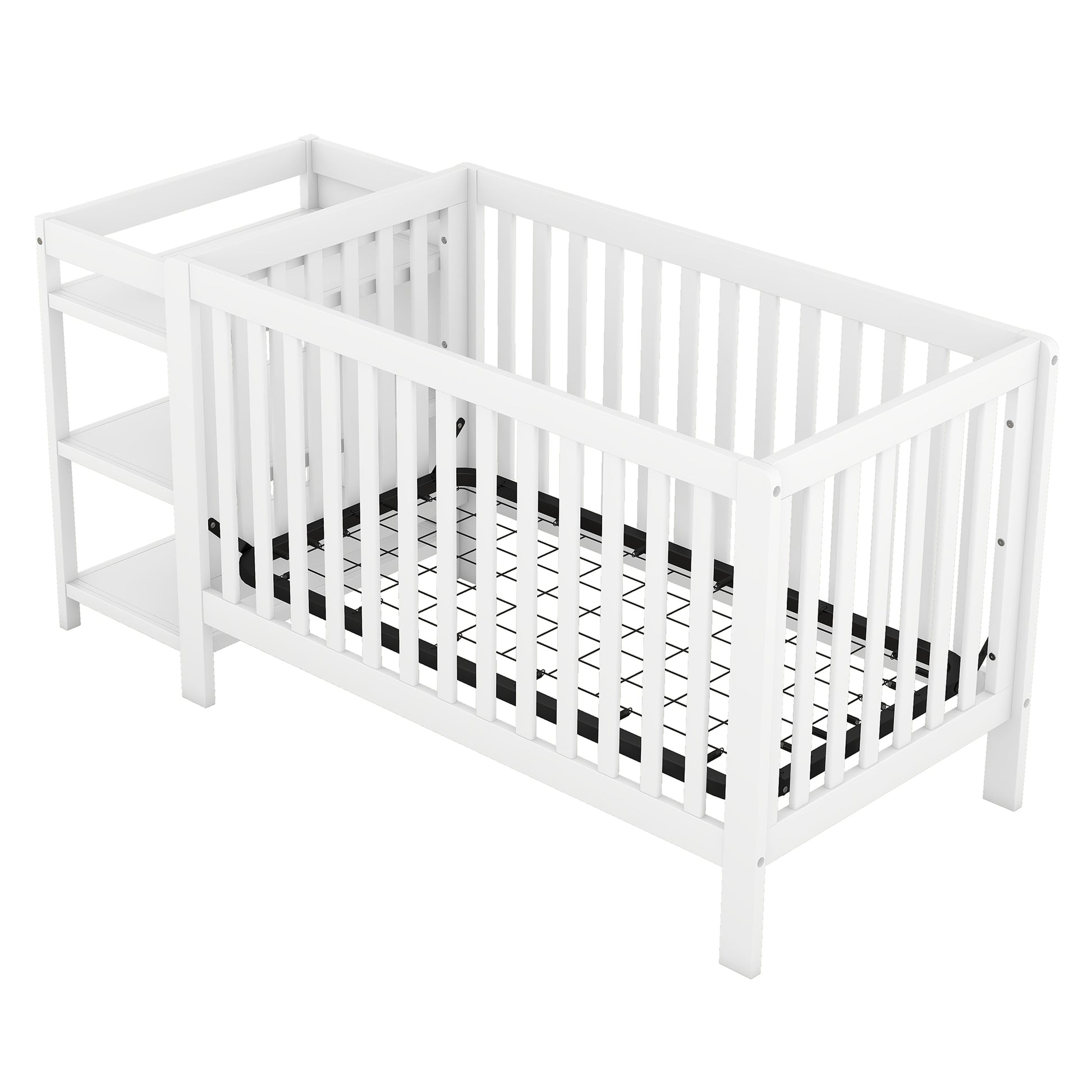 Convertible Crib Full Size Bed With Changing Table, White White Solid Wood