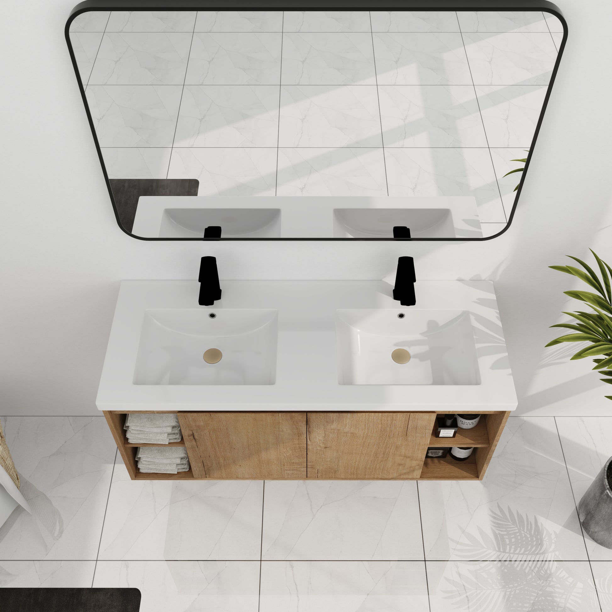 48" Wall Mounted Bathroom Vanity With Double Sink imitative oak-2-bathroom-wall