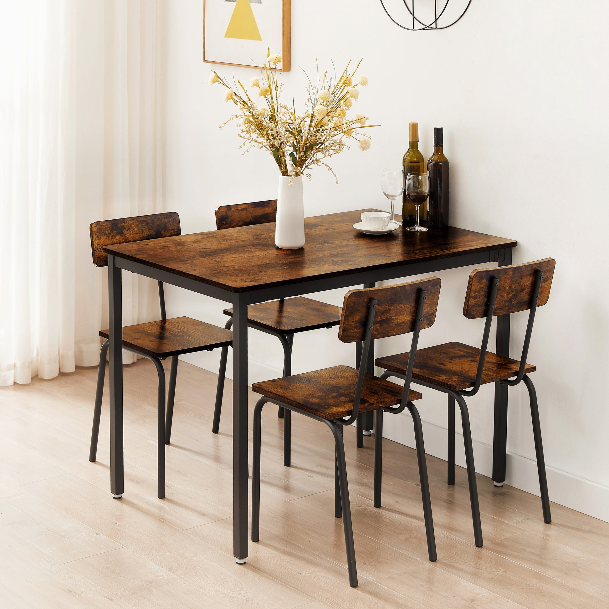 Dining Table Set 5 Piece Dining Chair With Backrest, Industrial Style, Sturdy Construction. Rustic Brown, 43.31'' L X 27.56'' W X 30.32'' H. Rustic Brown Particle Board