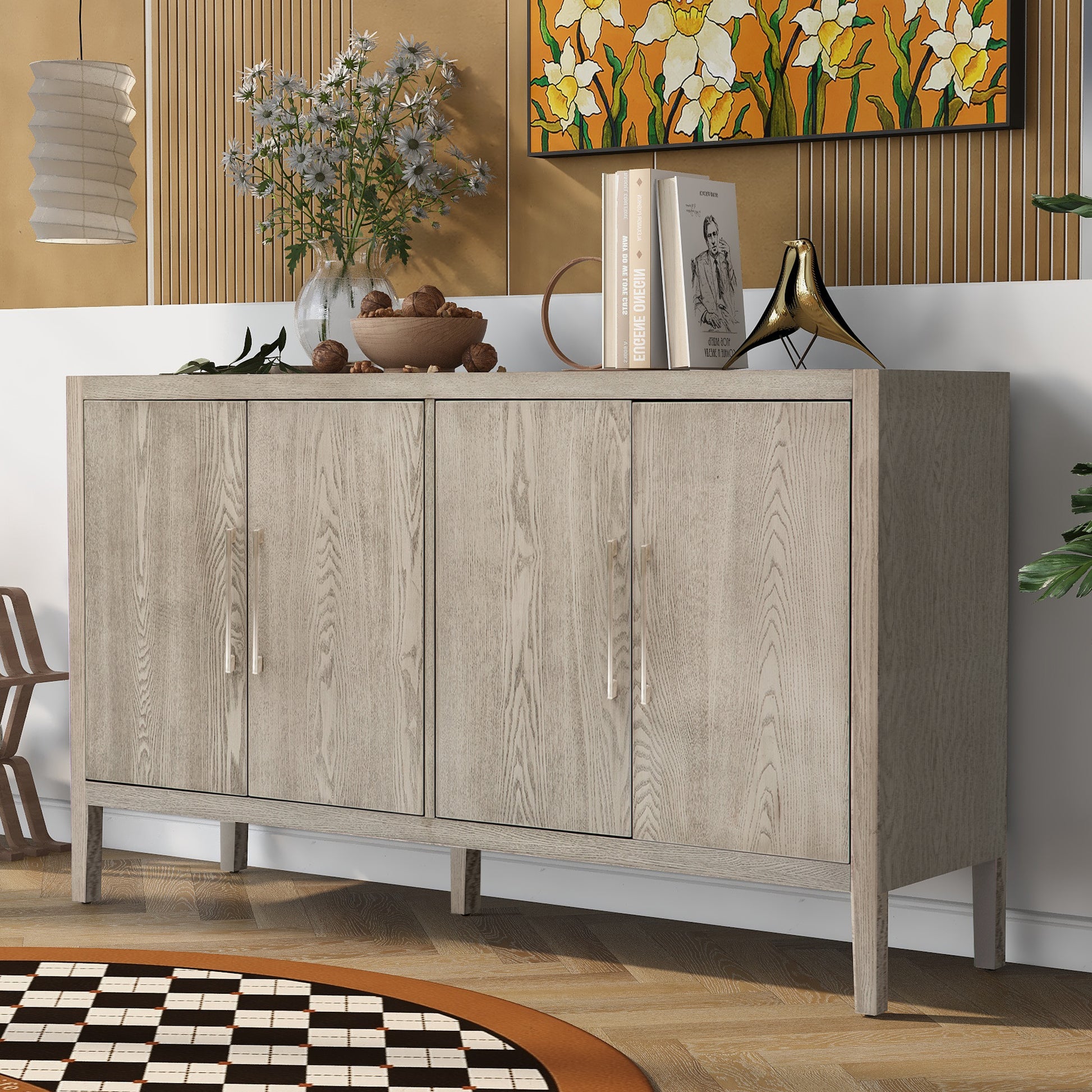 Storage Cabinet Sideboard Wooden Cabinet With 4 Metal Handles ,4 Shelves And 4 Doors For Hallway, Entryway, Living Room Gray Mdf