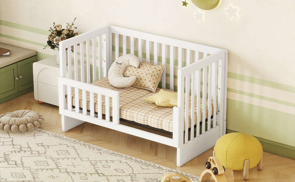 Convertible Crib Full Size Bed With Changing Table, White White Solid Wood