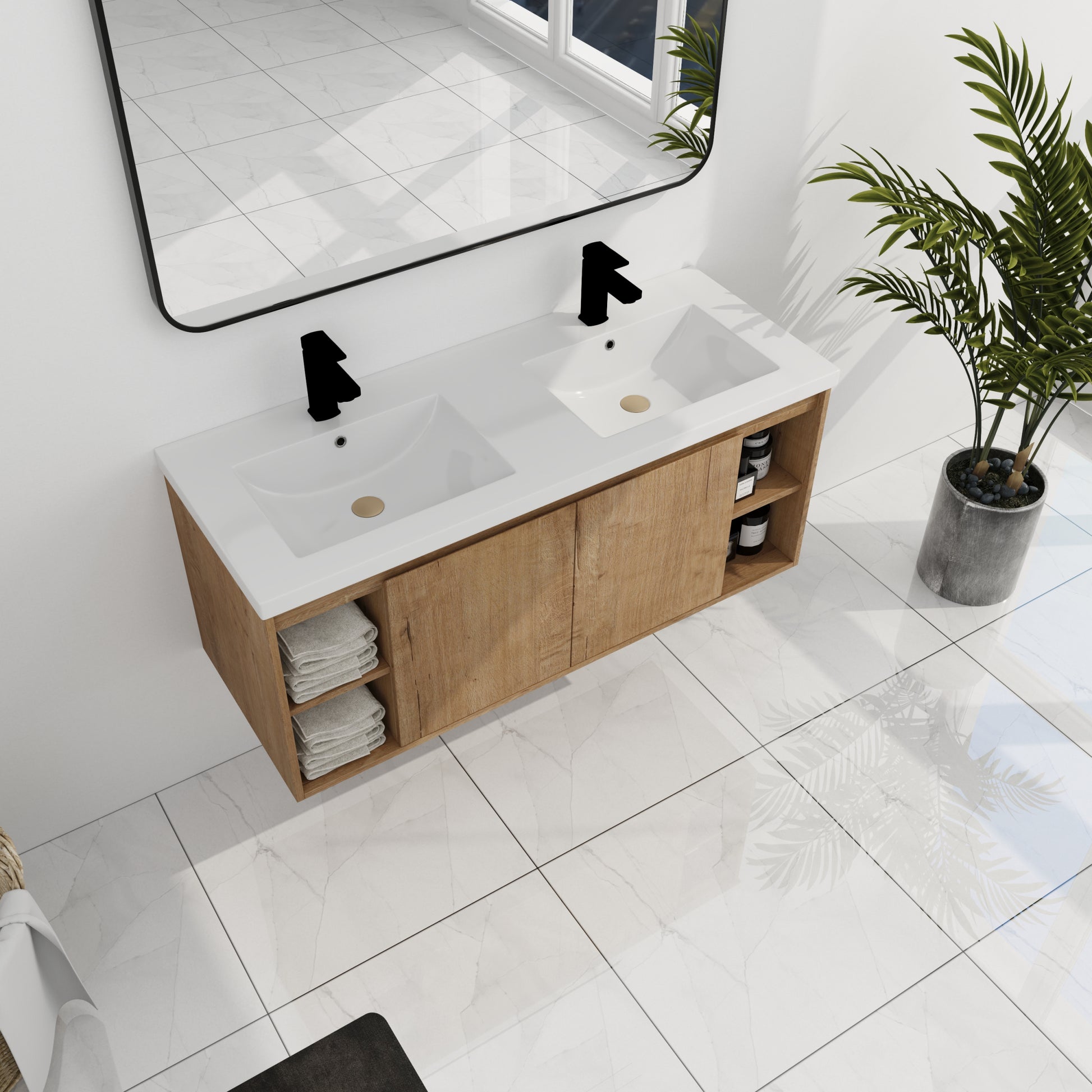 48" Wall Mounted Bathroom Vanity With Double Sink imitative oak-2-bathroom-wall