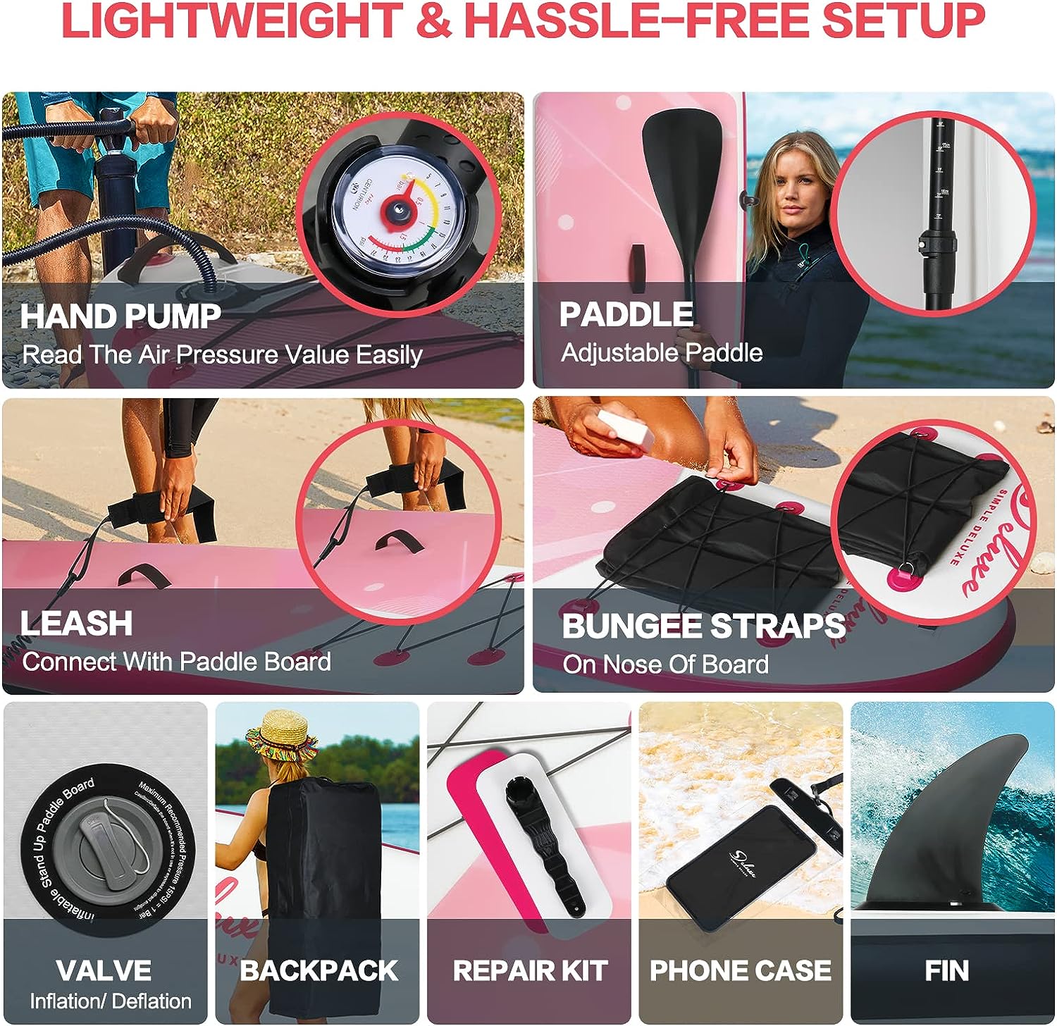 Inflatable Stand Up Paddle Board Simple Deluxe Premium Sup For All S Levels, Pink Paddle Boards For Adults & Youth, Blow Up Stand Up Paddleboards With Accessories & Backpack, Surf Control Pink Aluminium