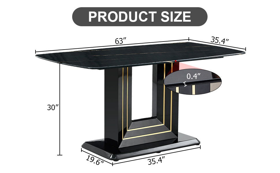 Dining Table. Black Imitation Marble Pattern Desktop. Black Mdf Table Legs, Gold Lines, Black Base. Suitable For Kitchen And Living Room 63"*35.4"30" F Sq Black Mdf Glass