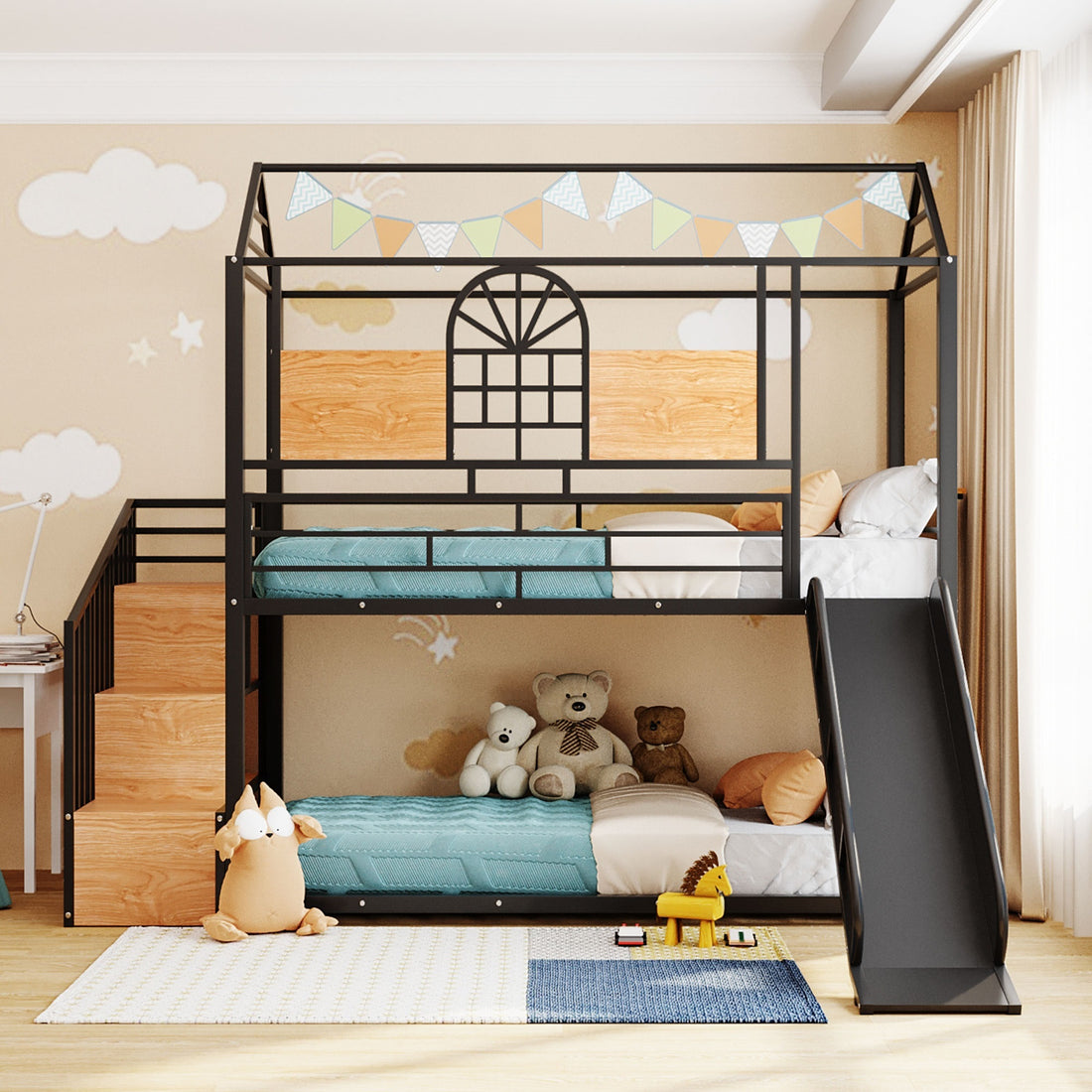 Twin Over Twin Metal Bunk Bed, Metal Housebed With Slide And Storage Stair, Black With Black Slide Black Iron