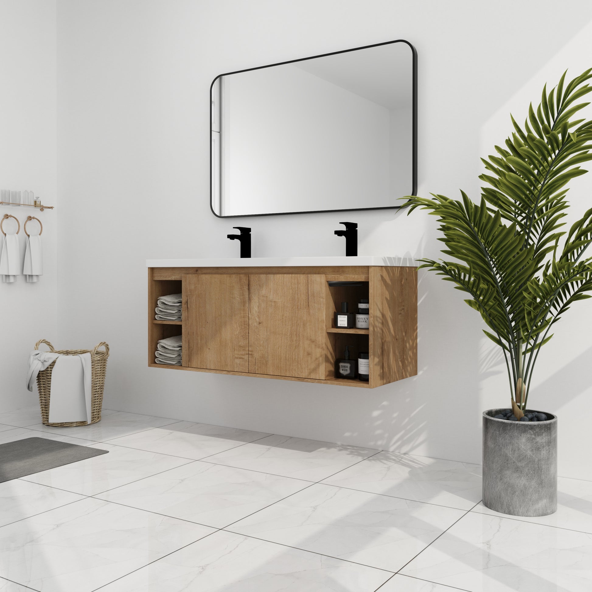 48" Wall Mounted Bathroom Vanity With Double Sink imitative oak-2-bathroom-wall