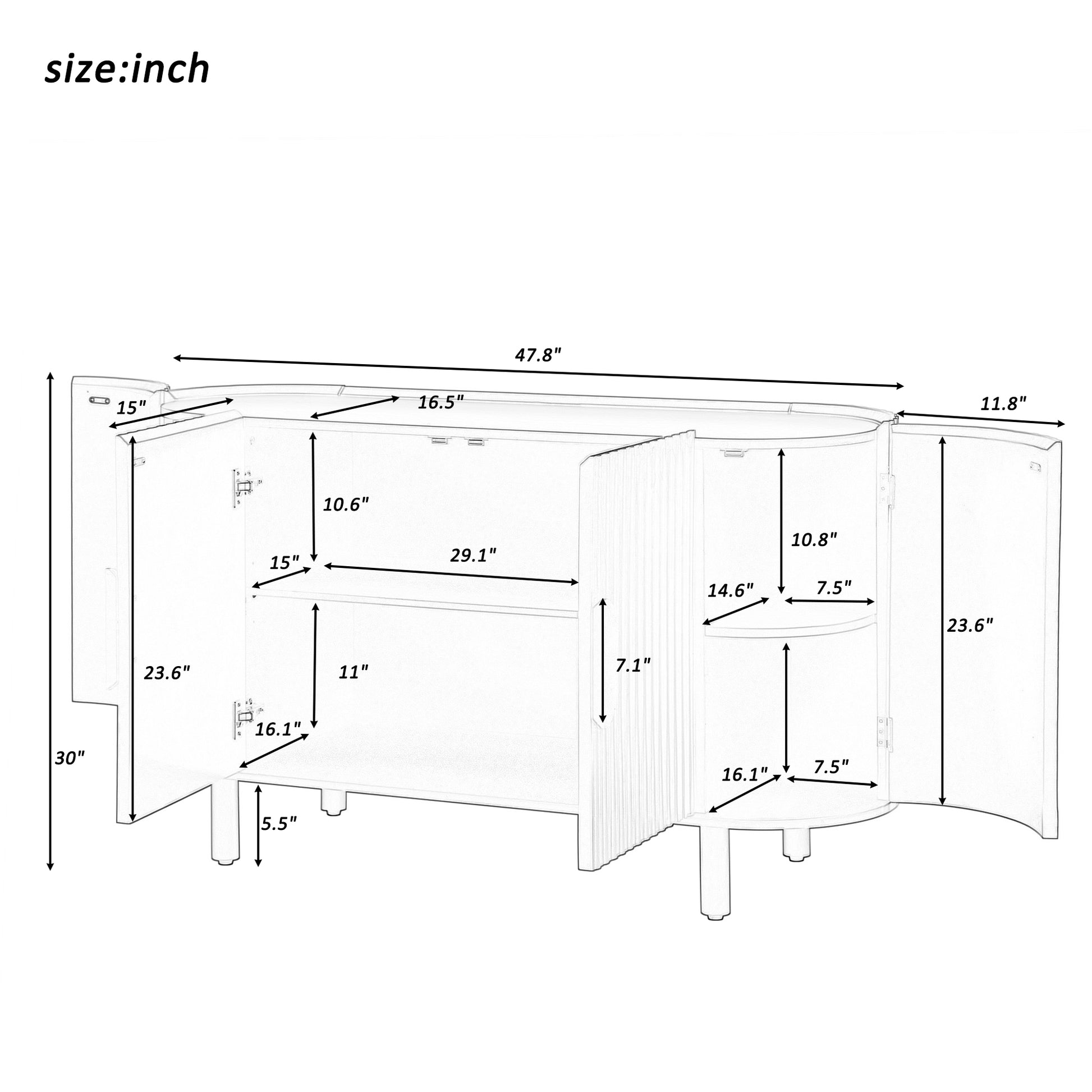 Curved Design Light Luxury Sideboard With Adjustable Shelves,Suitable For Living Room,Study And Entrance White Mdf