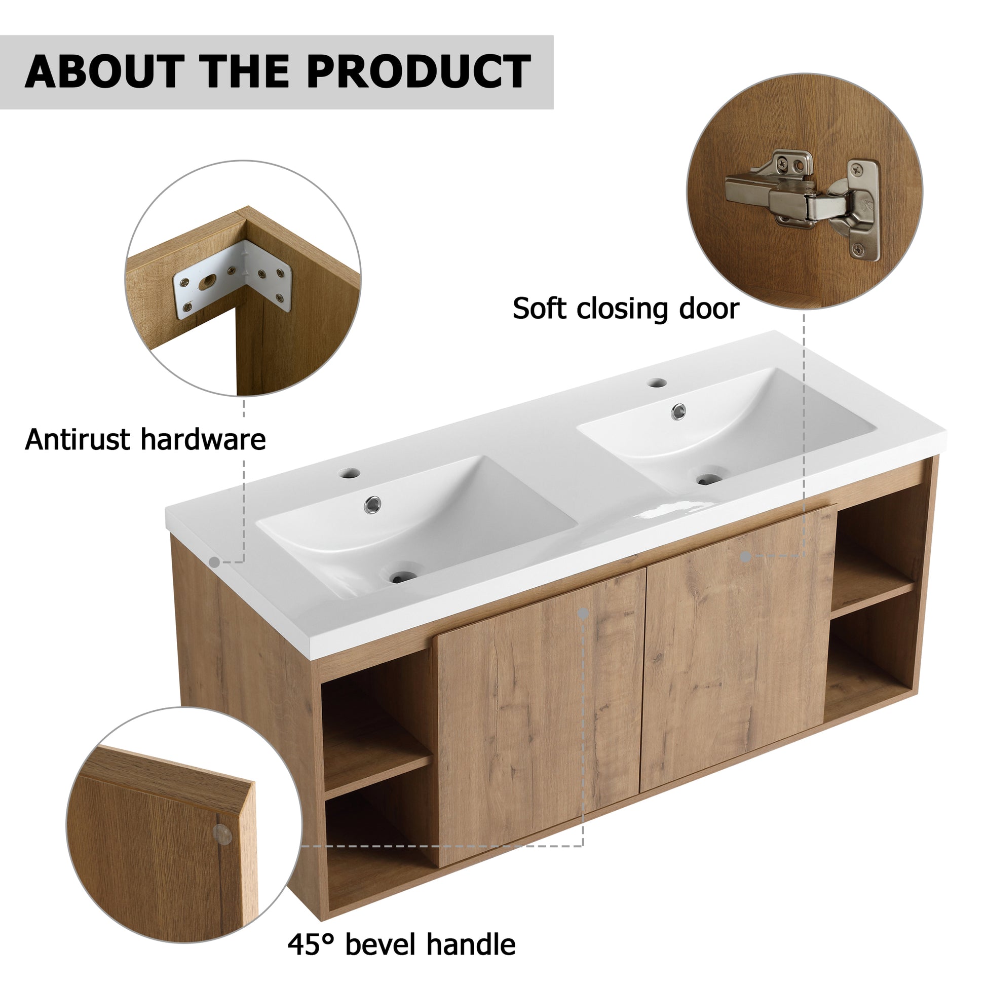 48" Wall Mounted Bathroom Vanity With Double Sink imitative oak-2-bathroom-wall