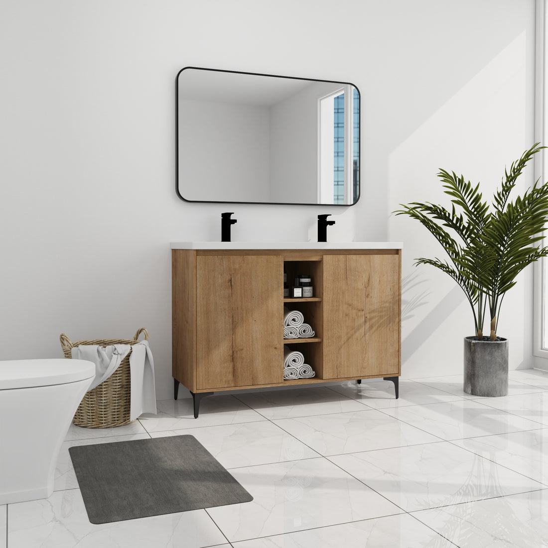 48" Wall Mounted Bathroom Vanity With Double Sink imitative oak-2-bathroom-wall