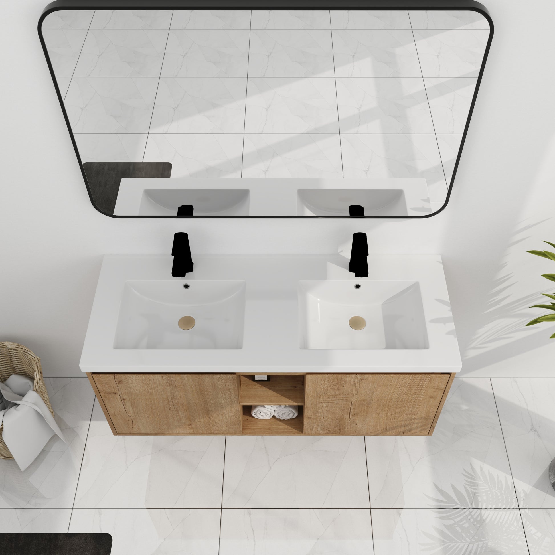 48" Wall Mounted Bathroom Vanity With Double Sink imitative oak-2-bathroom-wall