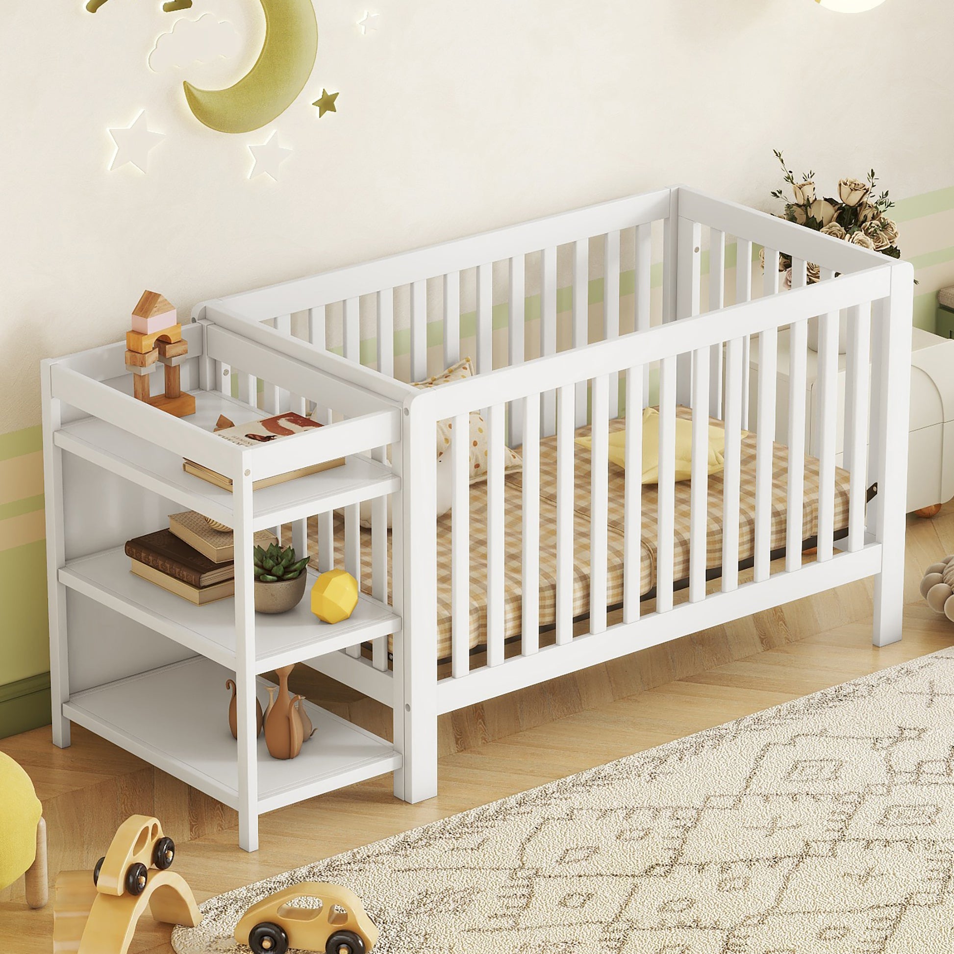 Convertible Crib Full Size Bed With Changing Table, White White Solid Wood