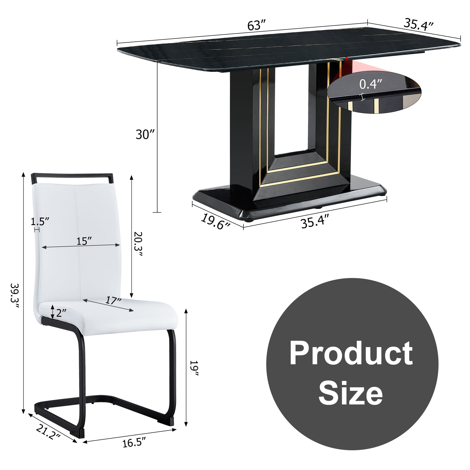 A Table And Four Chairs. The Table Features A Black Imitation Marble Pattern Tabletop And Black Gold Mdf Legs. The Chair Has A White Pu Backrest Cushion And Black Metal Legs. F Sq C 1162 Black Gold Mdf Glass