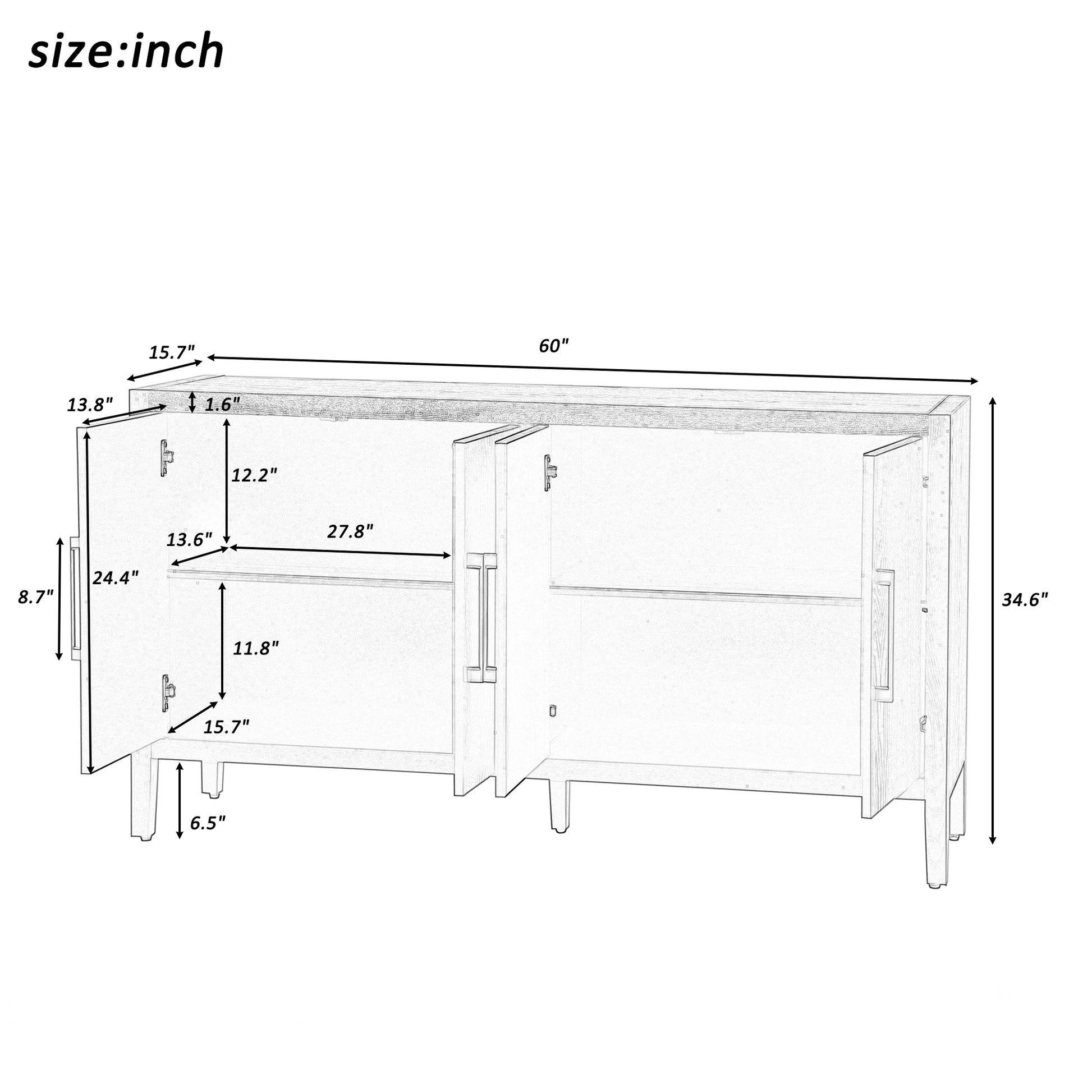 Storage Cabinet Sideboard Wooden Cabinet With 4 Metal Handles ,4 Shelves And 4 Doors For Hallway, Entryway, Living Room Walnut Mdf