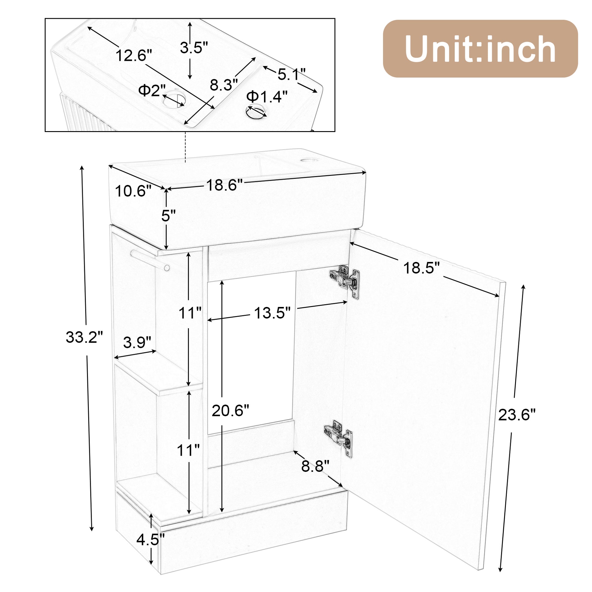 18.6" Bathroom Vanity With Sink, Bathroom Vanity Cabinet With Two Tier Shelf, Left Or Right Orientation, Grey Grey Mdf