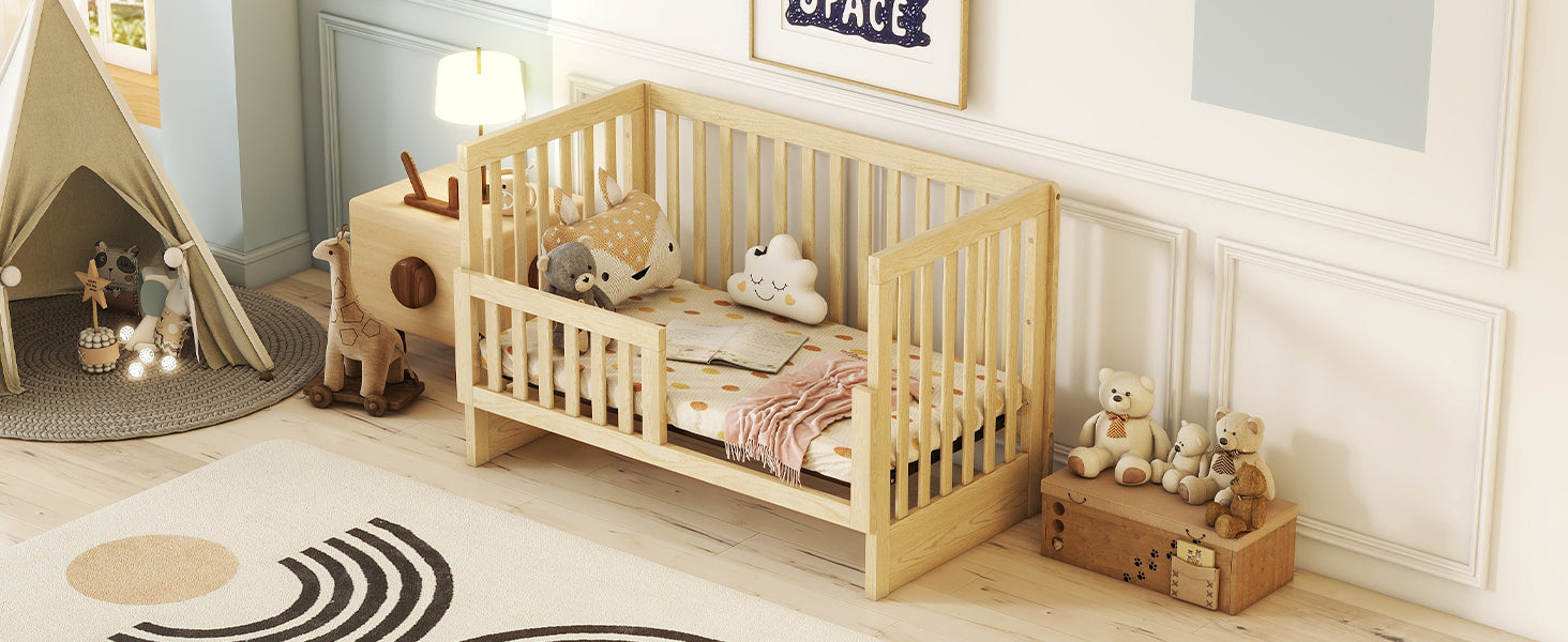 Convertible Crib Full Size Bed With Changing Table, Natural Natural Solid Wood