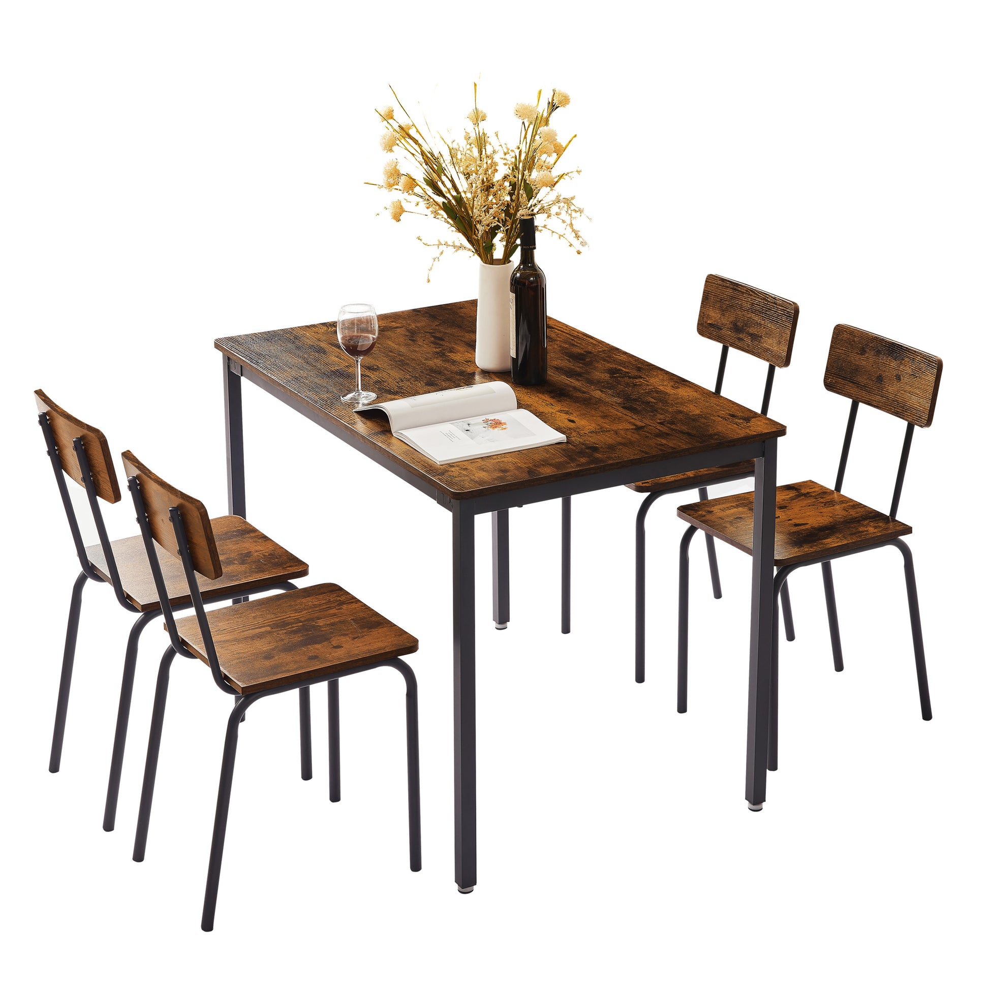 Dining Table Set 5 Piece Dining Chair With Backrest, Industrial Style, Sturdy Construction. Rustic Brown, 43.31'' L X 27.56'' W X 30.32'' H. Rustic Brown Particle Board