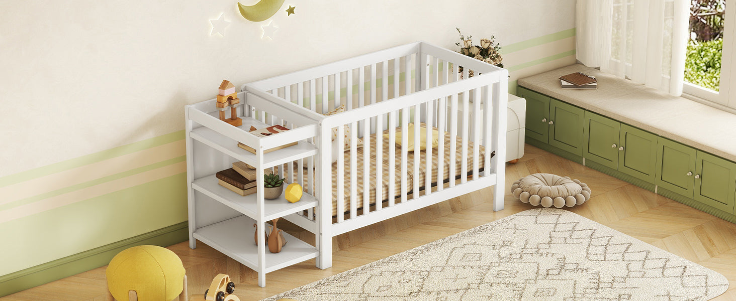 Convertible Crib Full Size Bed With Changing Table, White White Solid Wood