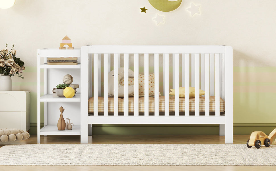 Convertible Crib Full Size Bed With Changing Table, White White Solid Wood