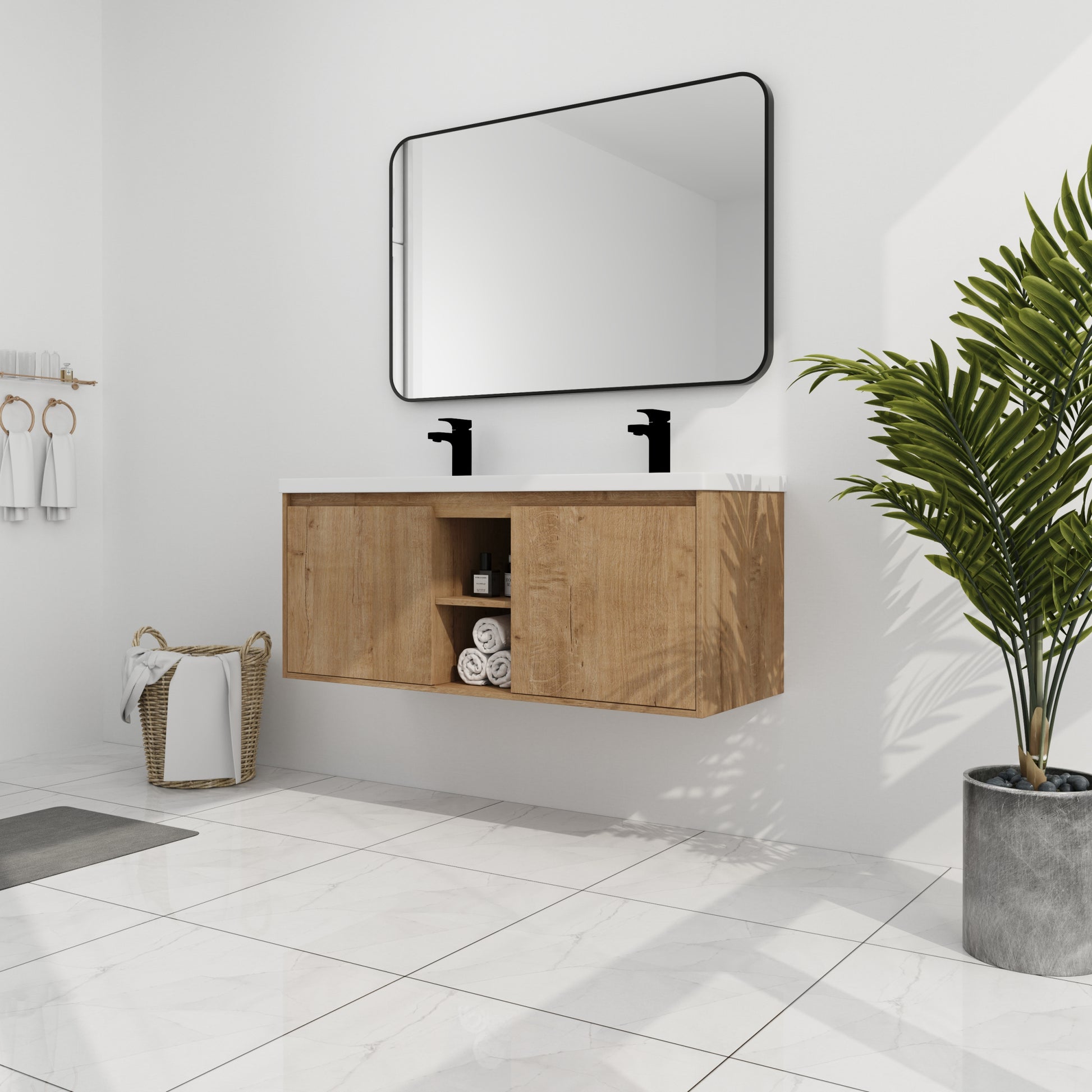 48" Wall Mounted Bathroom Vanity With Double Sink imitative oak-2-bathroom-wall