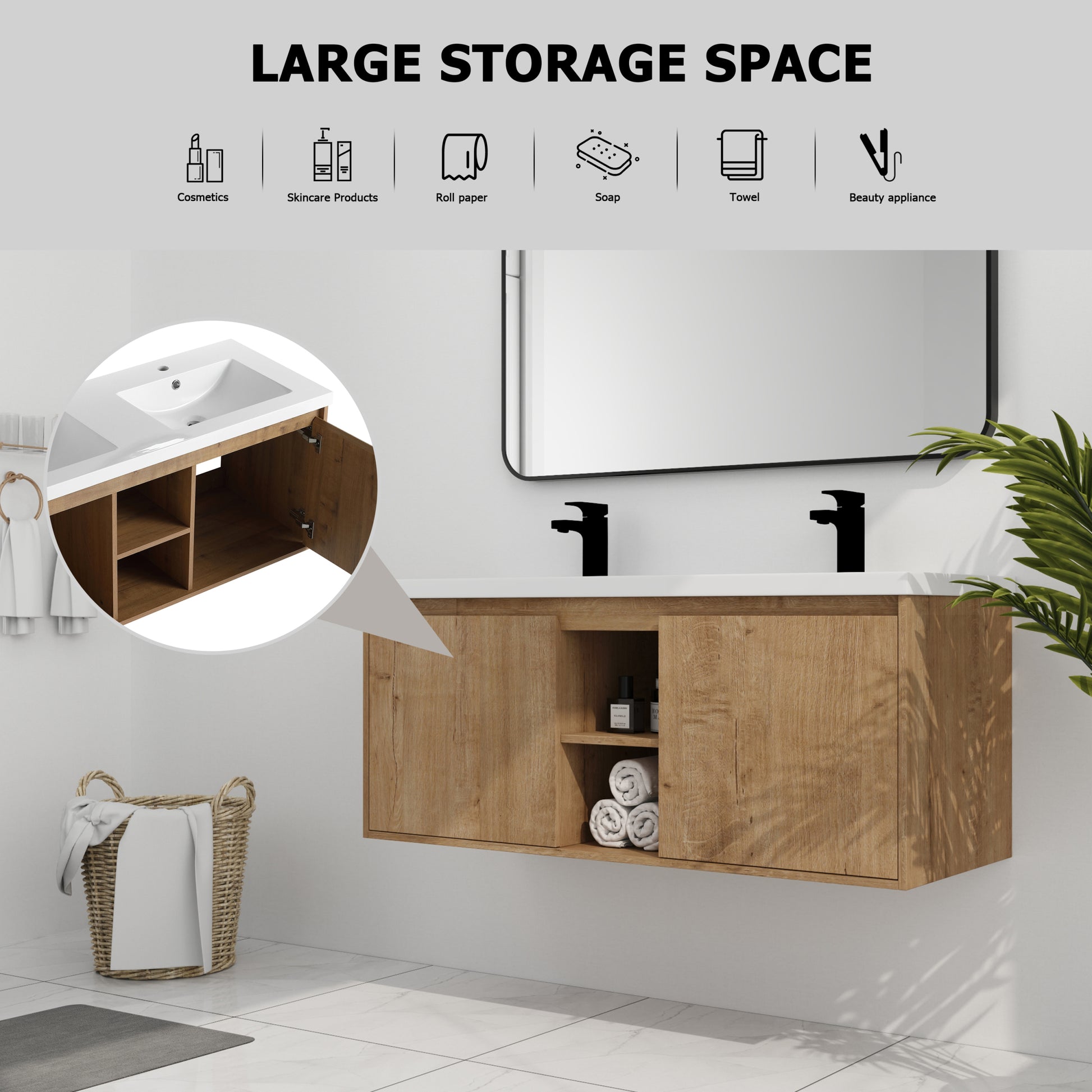 48" Wall Mounted Bathroom Vanity With Double Sink imitative oak-2-bathroom-wall