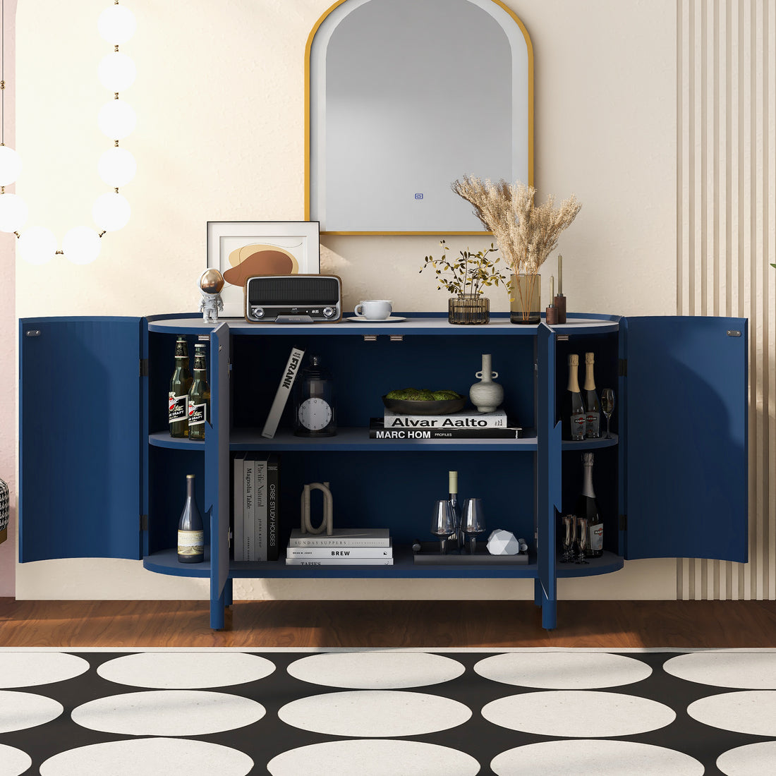 Curved Design Light Luxury Sideboard With Adjustable Shelves,Suitable For Living Room,Study And Entrance Blue Mdf