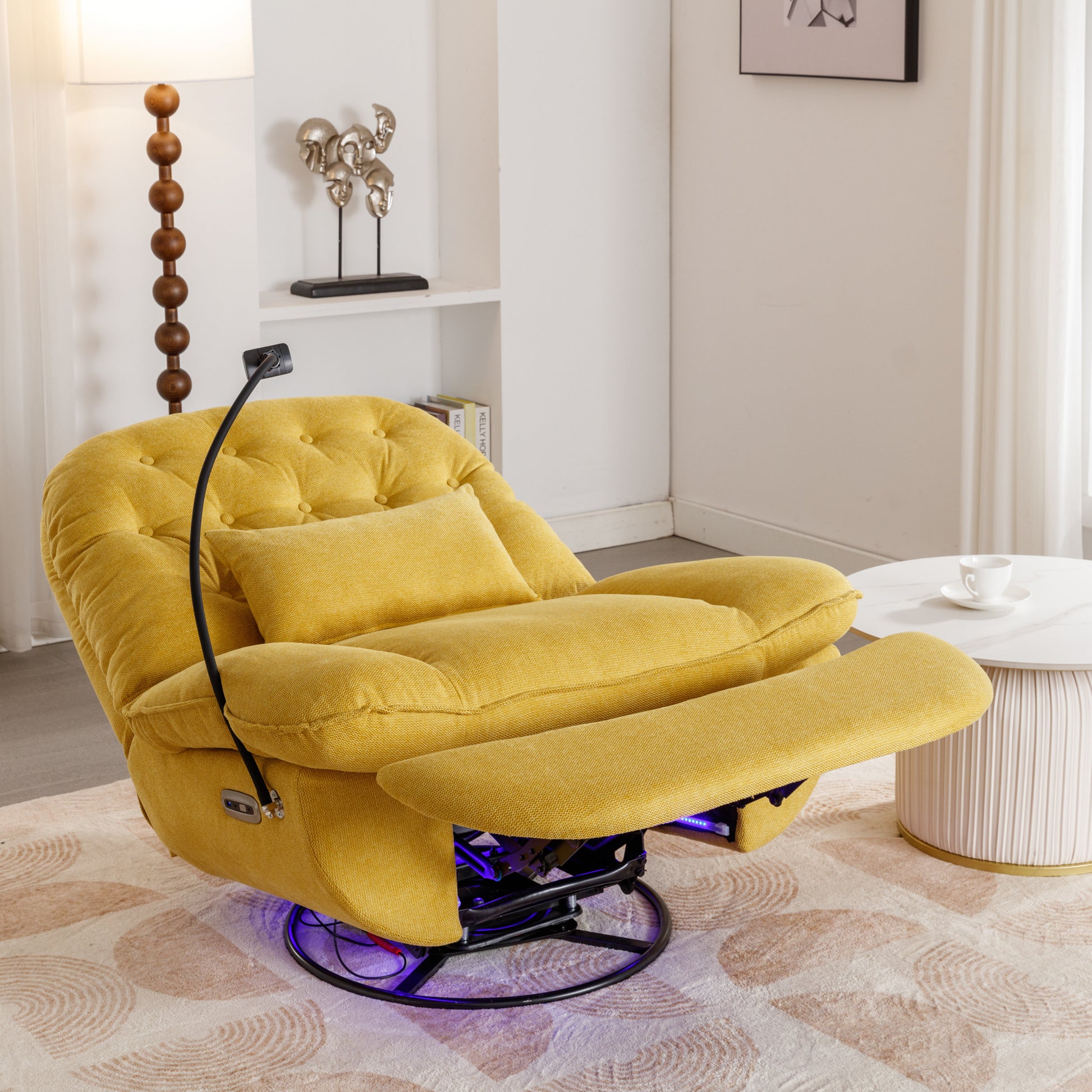 270 Degree Swivel Power Recliner With Voice Control, Bluetooth Music Player,Usb Ports, Atmosphere Lamp, Hidden Arm Storage And Mobile Phone Holder For Living Room, Bedroom, Apartment, Yellow Yellow Foam Linen