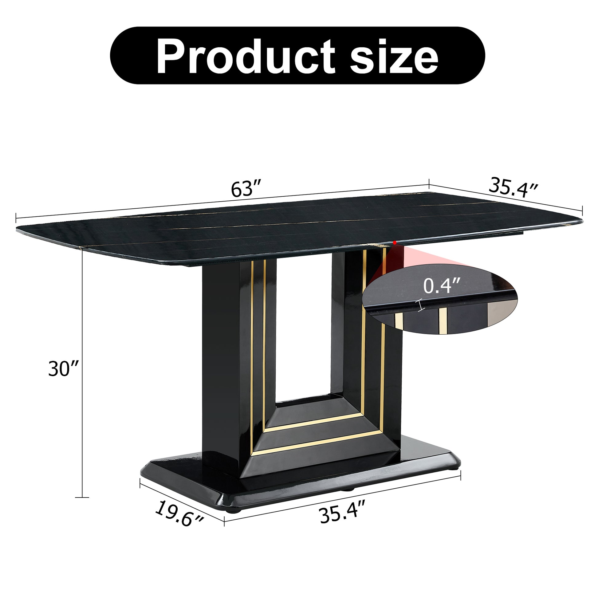 Dining Table. Black Imitation Marble Pattern Desktop. Black Mdf Table Legs, Gold Lines, Black Base. Suitable For Kitchen And Living Room 63"*35.4"30" F Sq Black Mdf Glass