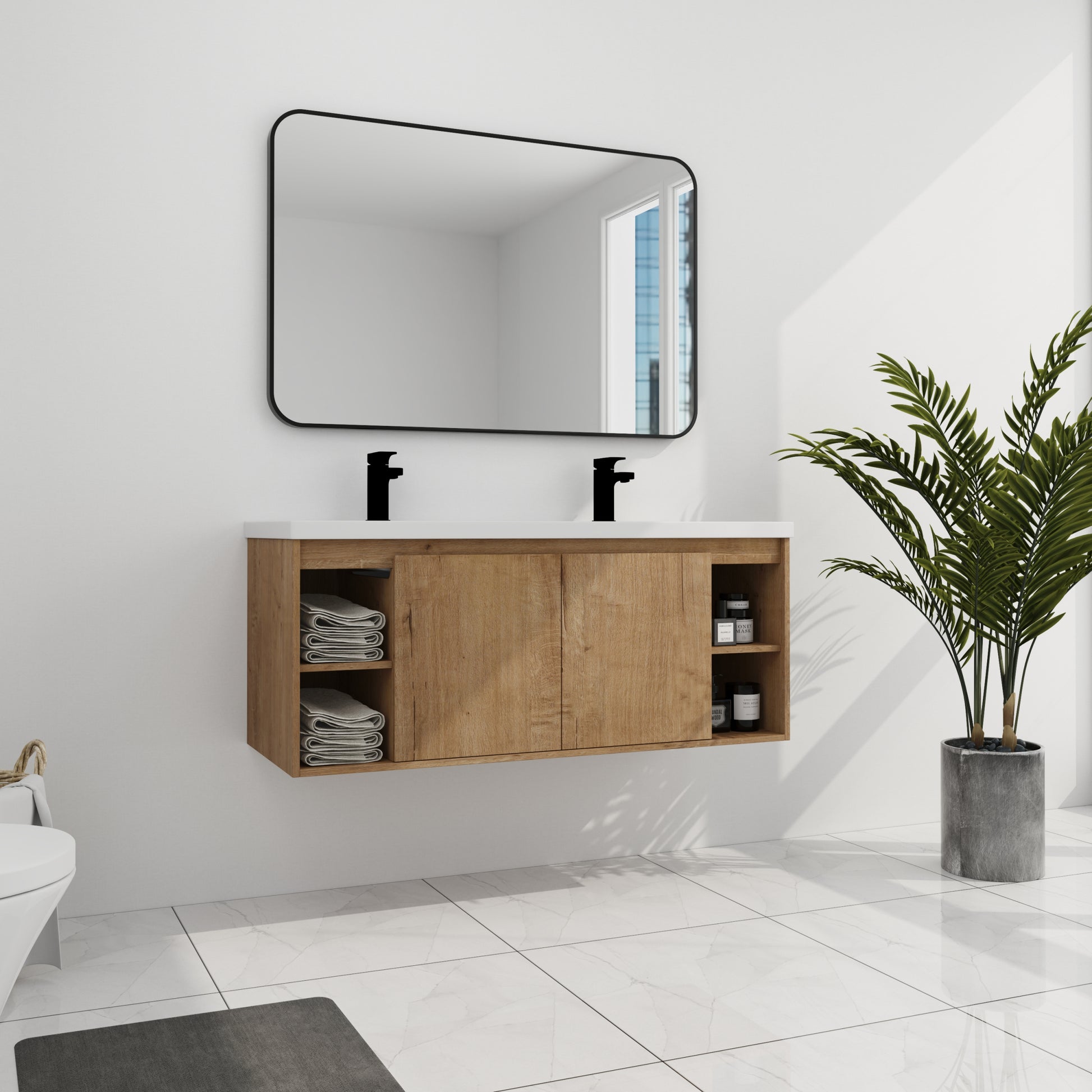 48" Wall Mounted Bathroom Vanity With Double Sink imitative oak-2-bathroom-wall