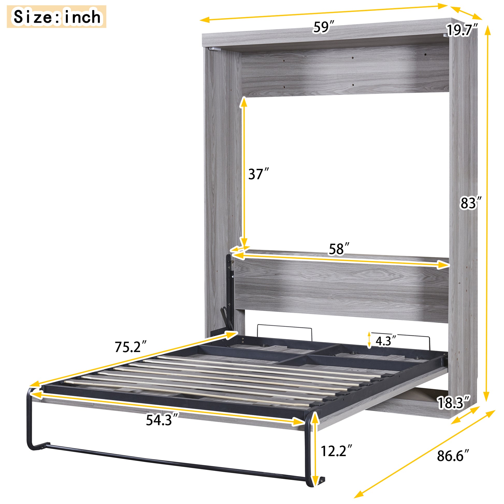 Full Size Murphy Bed, Can Be Folded Into A Cabinet, Gray Box Spring Not Required Full Grey Murphy Solid Wood Mdf