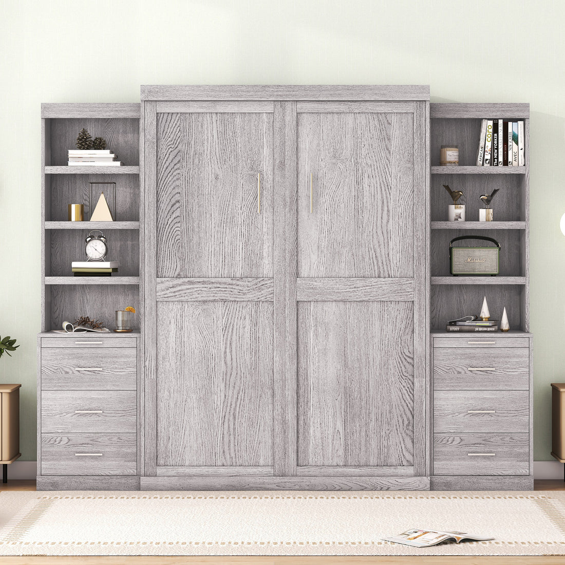 Full Size Murphy Bed With Storage Shelves And Drawers, Gray Box Spring Not Required Full Gray Murphy Solid Wood Mdf