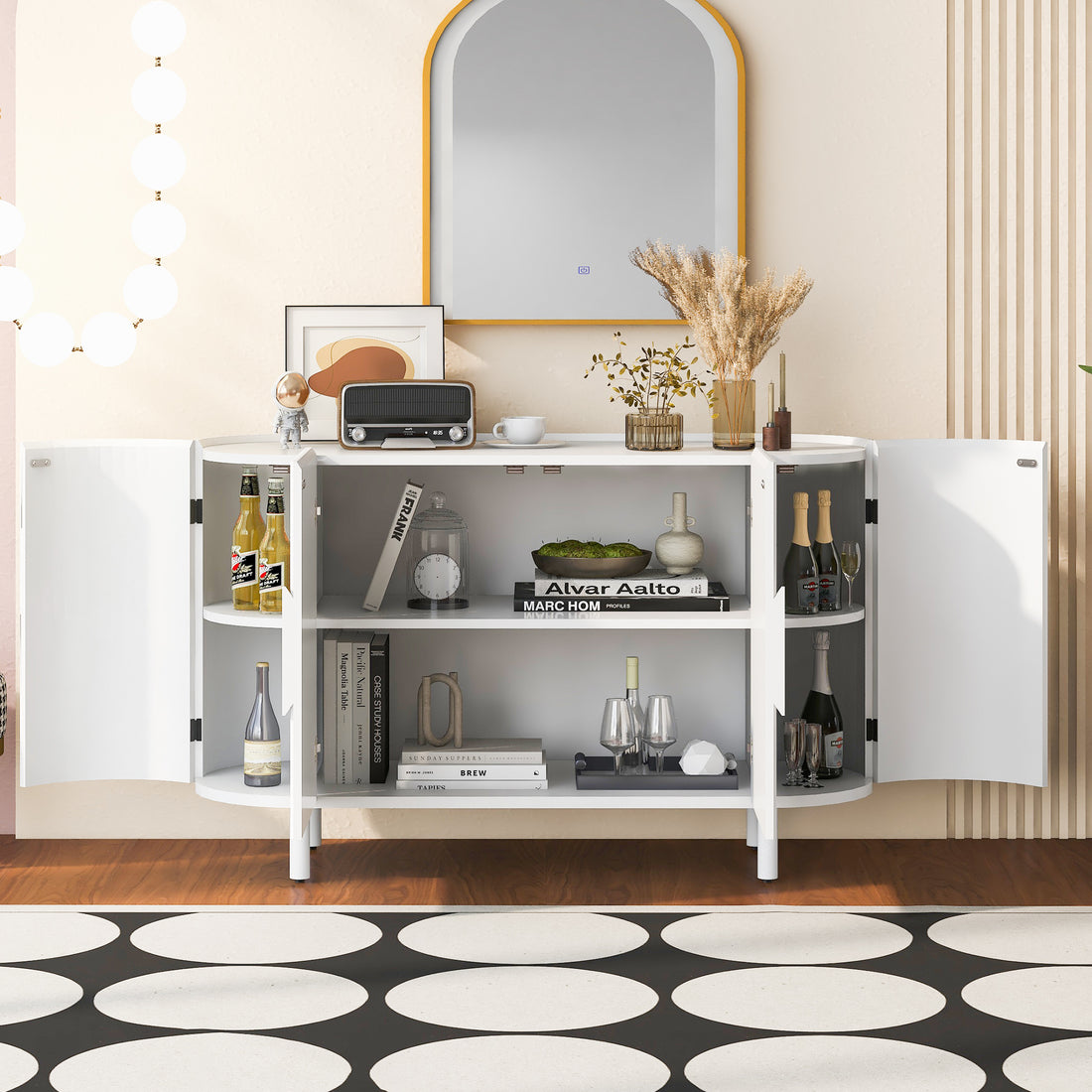 Curved Design Light Luxury Sideboard With Adjustable Shelves,Suitable For Living Room,Study And Entrance White Mdf