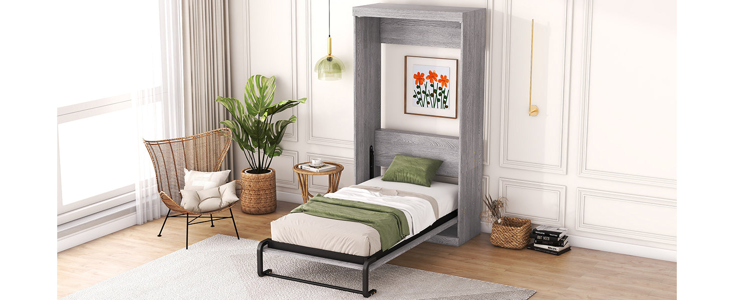 Twin Size Murphy Bed, Can Be Folded Into A Cabinet, Gray Twin Box Spring Not Required Grey Murphy Solid Wood Mdf