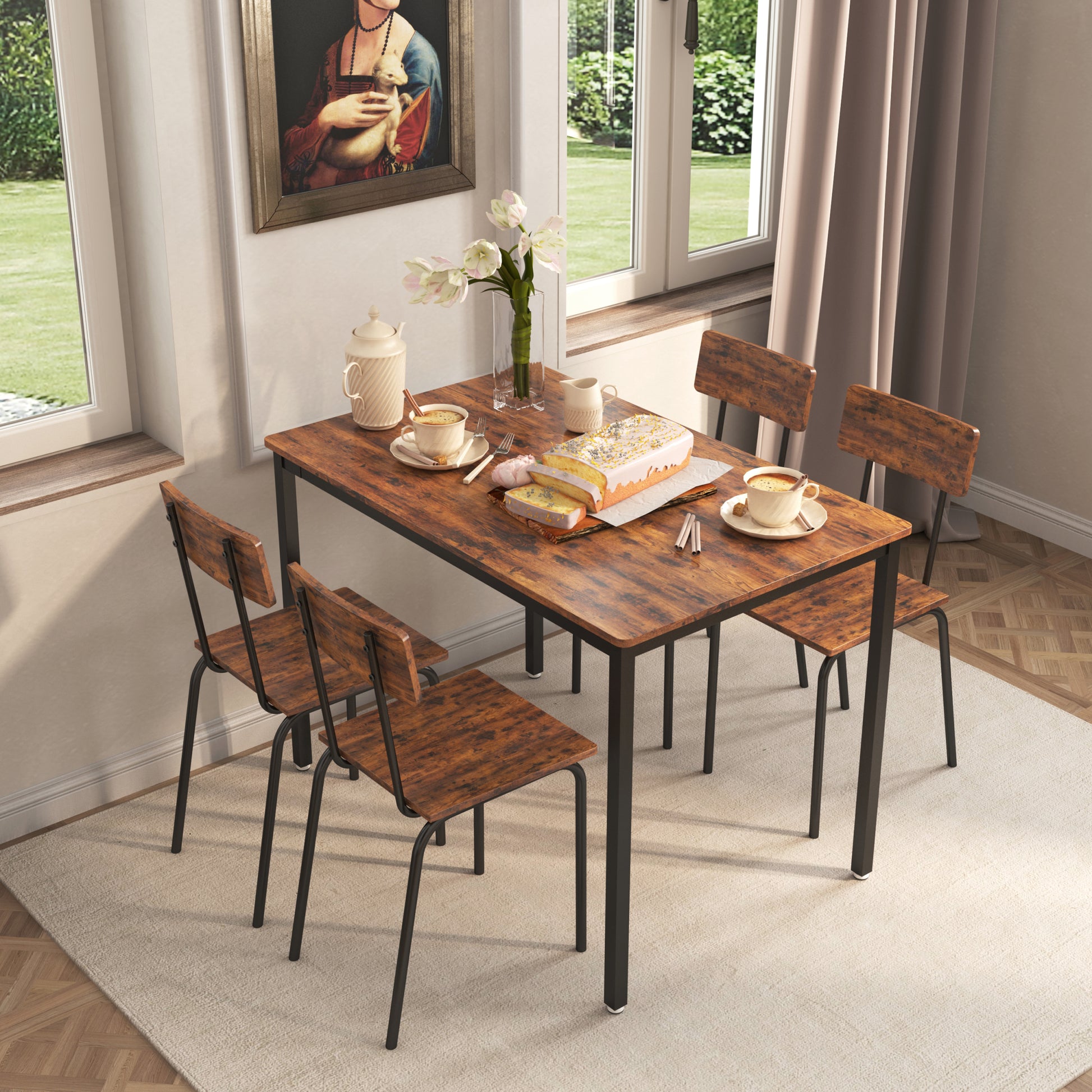 Dining Table Set 5 Piece Dining Chair With Backrest, Industrial Style, Sturdy Construction. Rustic Brown, 43.31'' L X 27.56'' W X 30.32'' H. Rustic Brown Particle Board