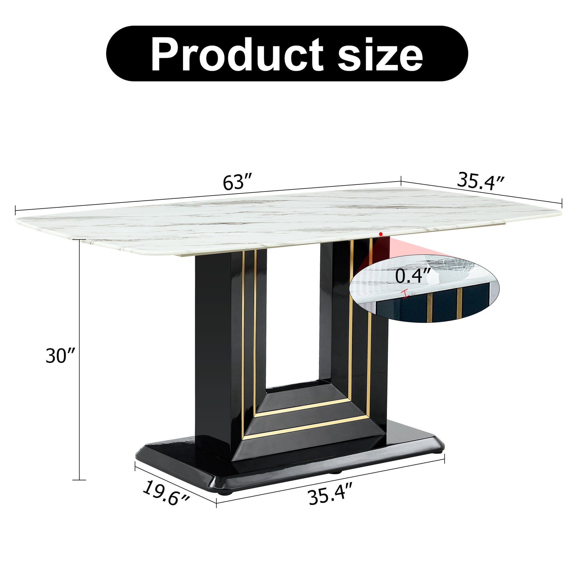 Table And Chair Set, 1 Table With 6 Black Pu Chairs. White Imitation Marble Pattern Desktop. Black Mdf Table Legs, Gold Lines, Black Base. F Sq C 007 White Mdf Glass