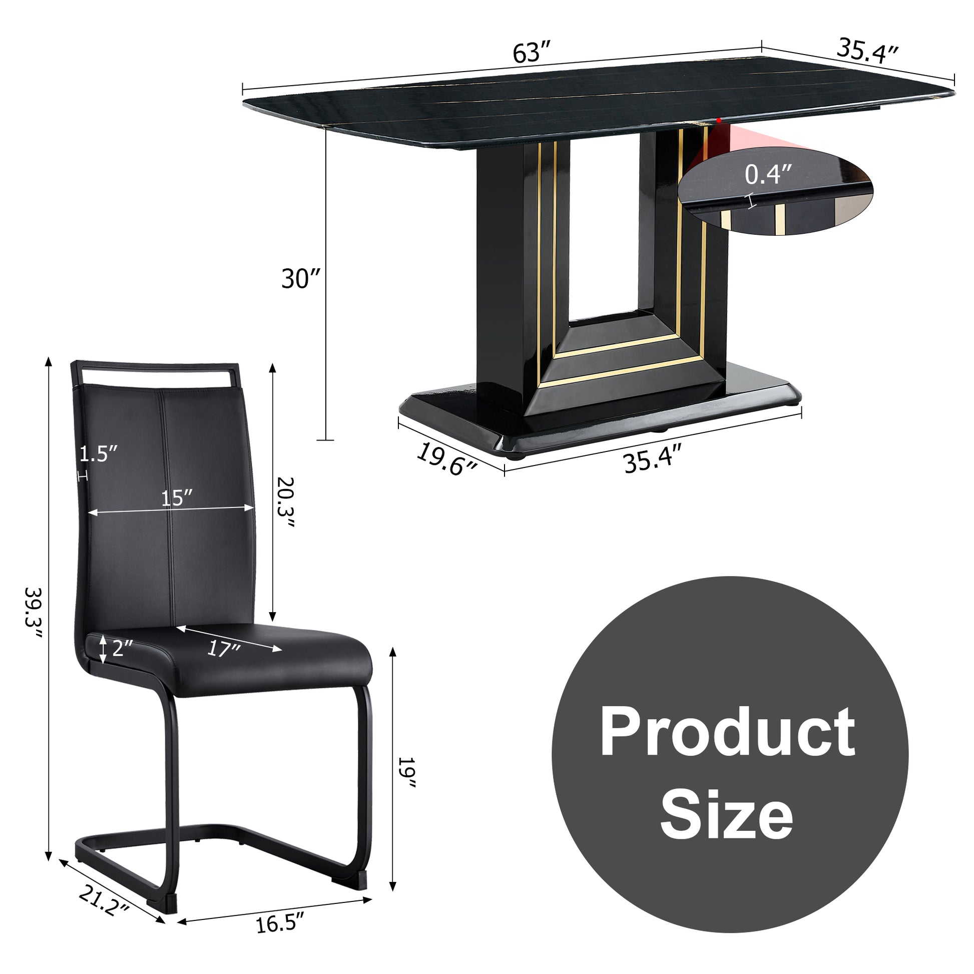 A Table And Four Chairs. The Table Features A Black Imitation Marble Pattern Tabletop And Black Gold Mdf Legs. The Chair Has A Black Pu Backrest Cushion And Black Metal Legs. F Sq C 1162 Black Gold Mdf Glass